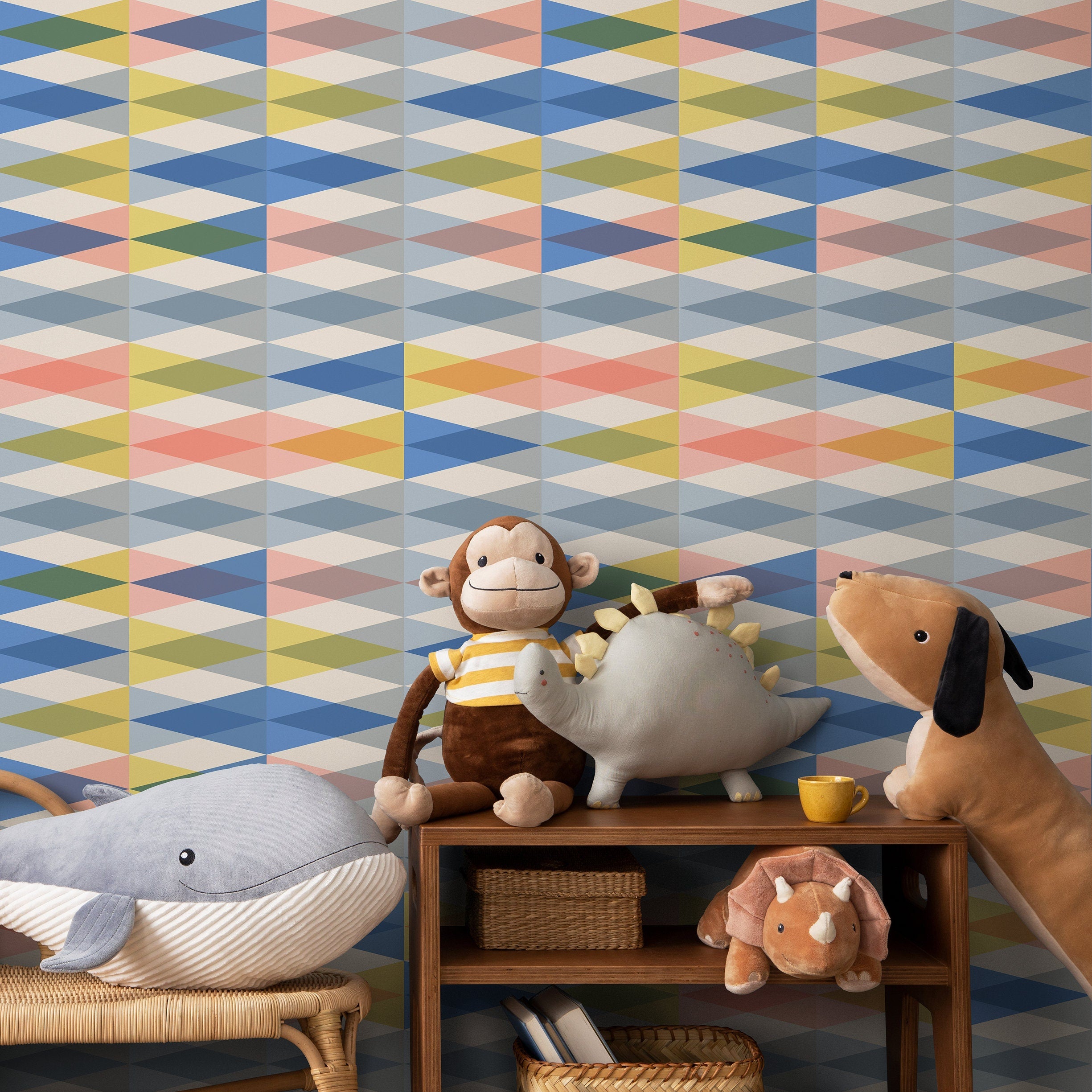 Geometric Wallpaper With A Colorful Diamond Motif In Blue, Yellow, And Pink - D992