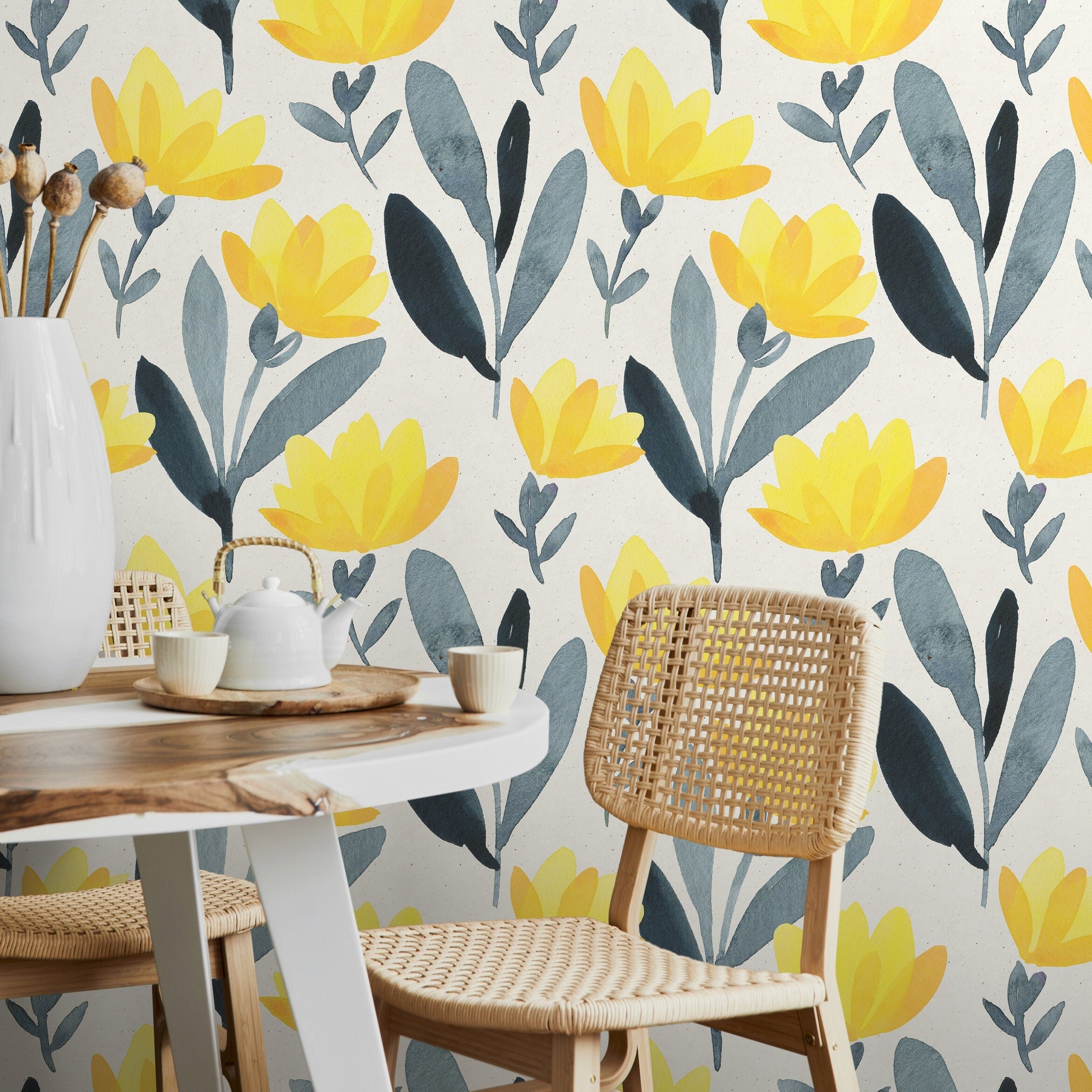 Floral Wallpaper With A Watercolor Motif In Yellow And Grey - A697