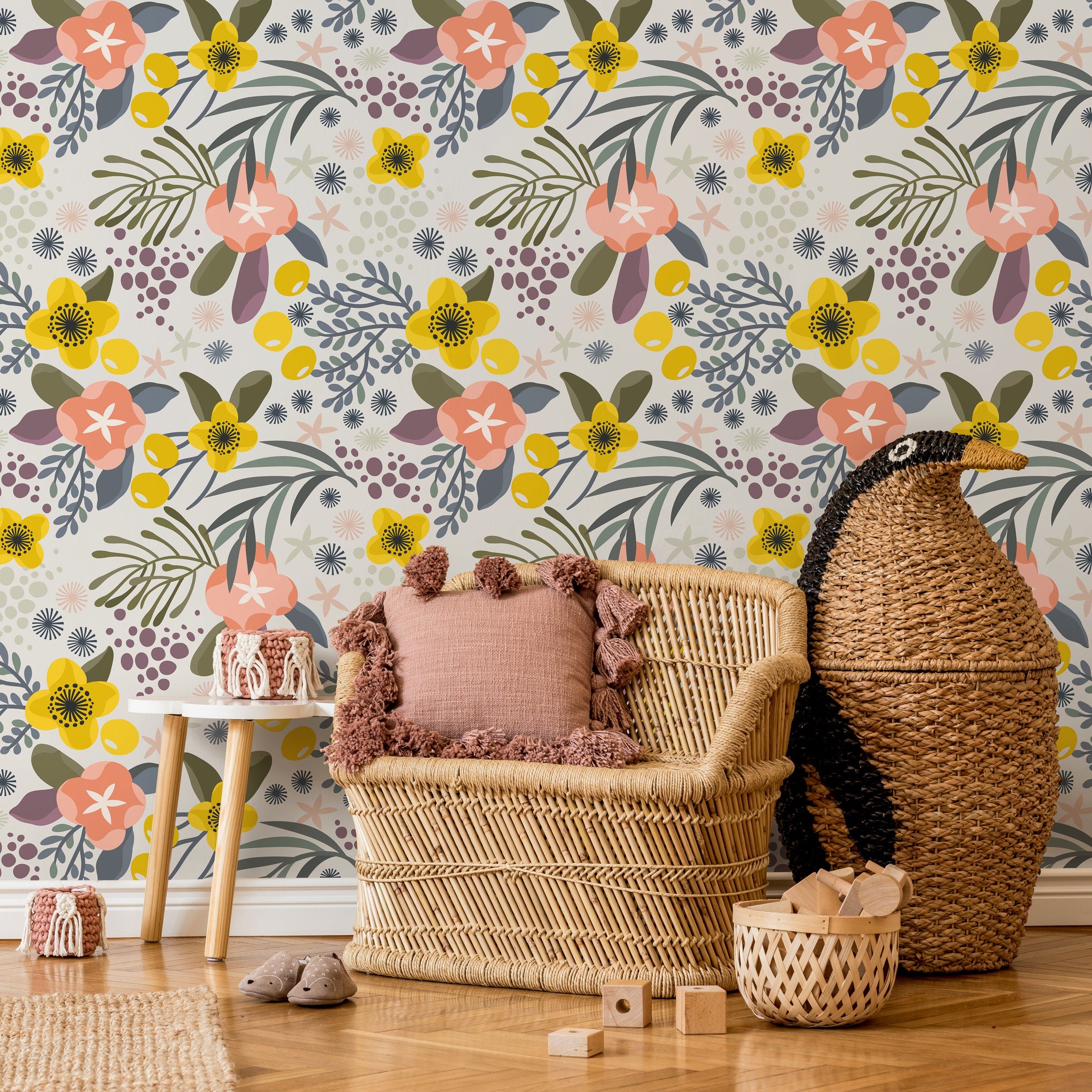 Floral Wallpaper With A Folk Art Motif In Yellow, Pink, And Green - A715