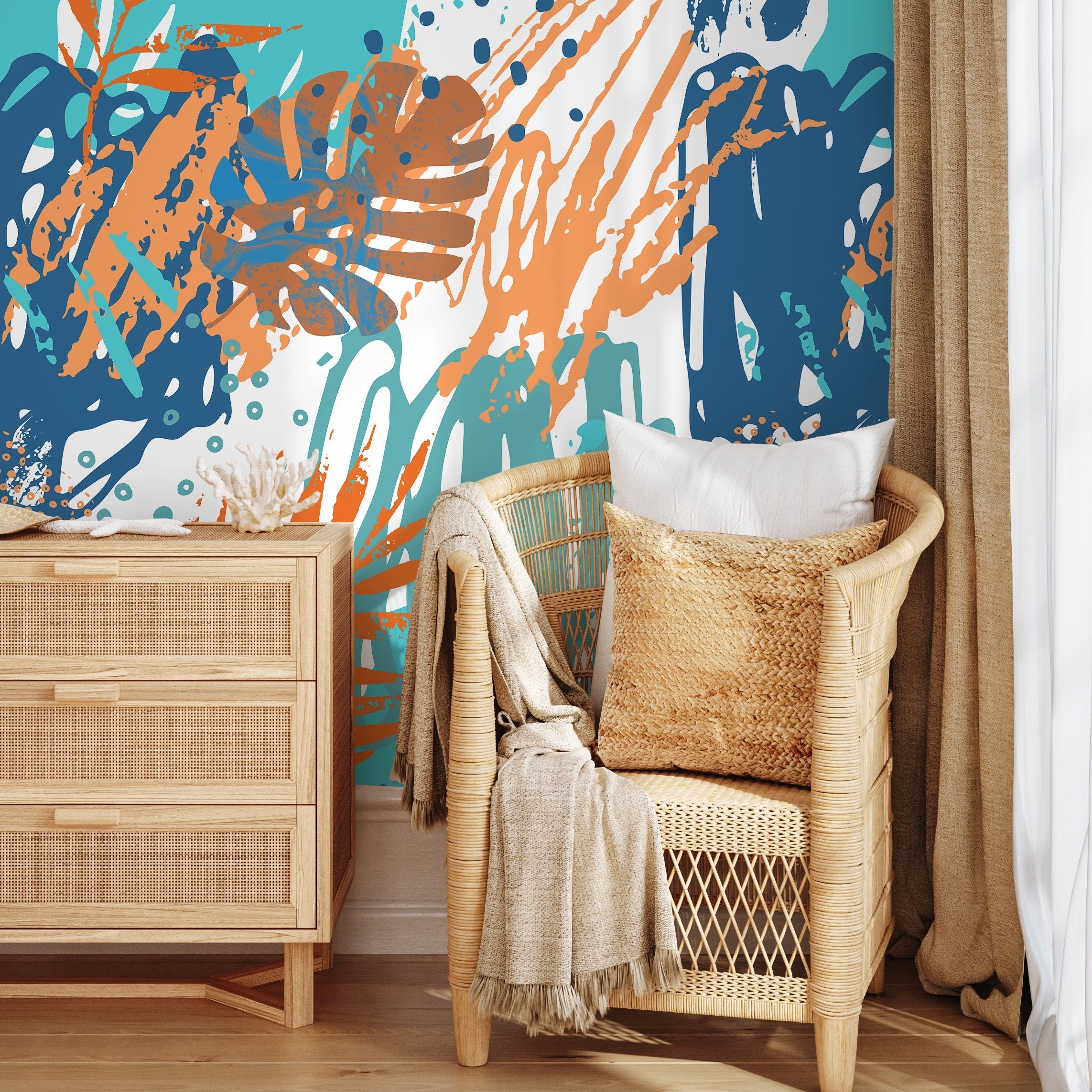 Tropical Wallpaper With Abstract Palm Leaves In Blue, Orange, And Teal - A955