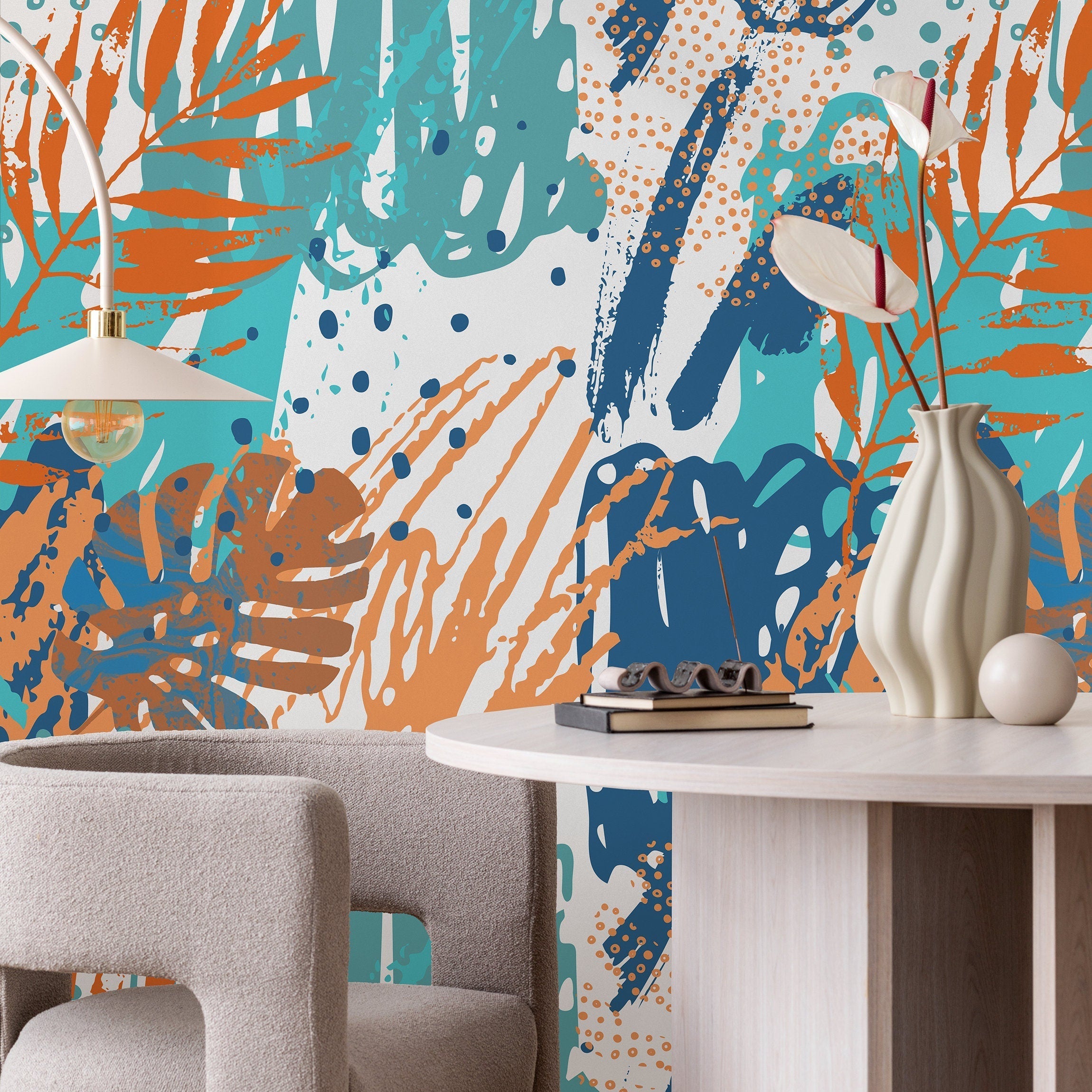 Tropical Wallpaper With Abstract Palm Leaves In Blue, Orange, And Teal - A955