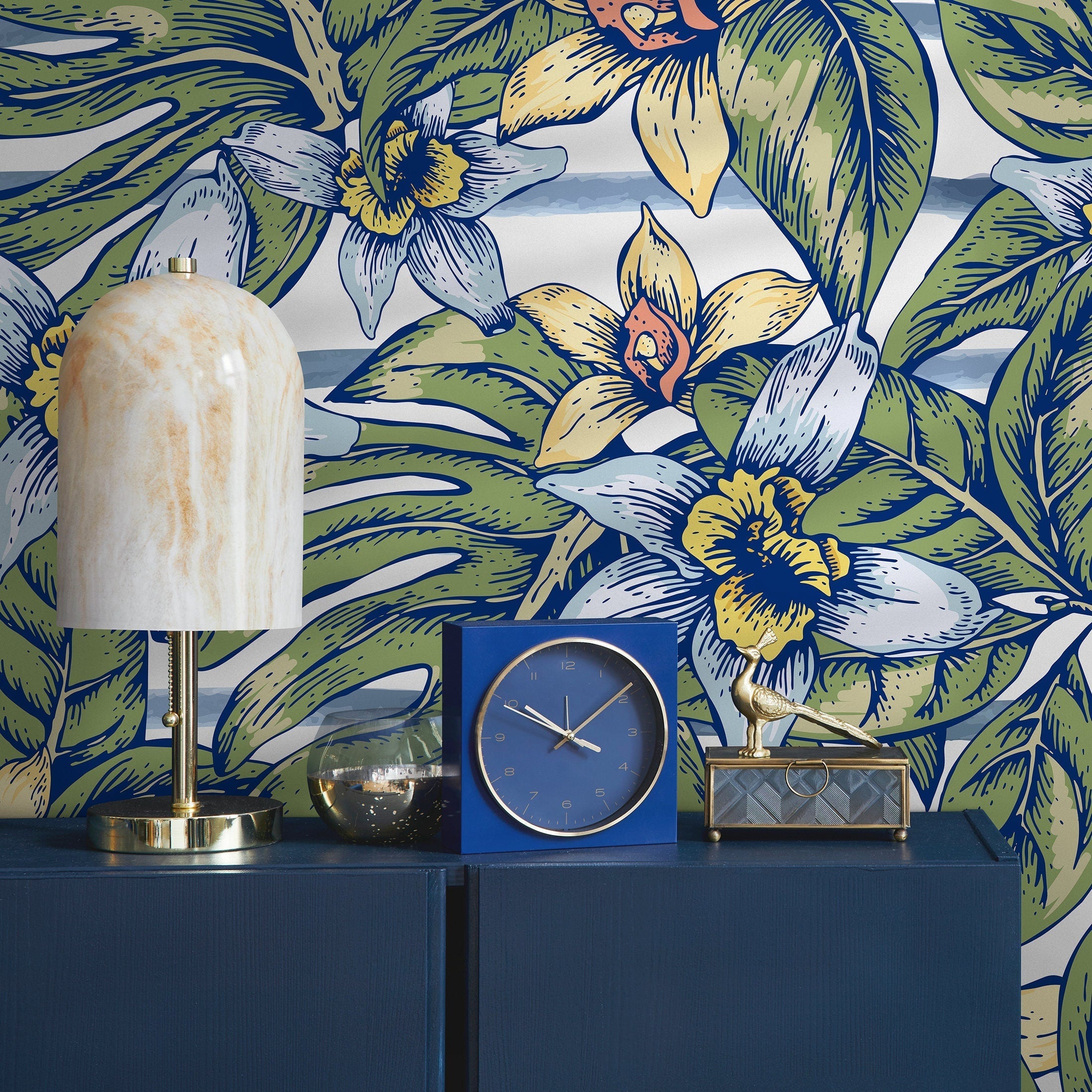 Botanical Wallpaper With Monstera Leaves And Flowers In Green, Blue, And Yellow - A969