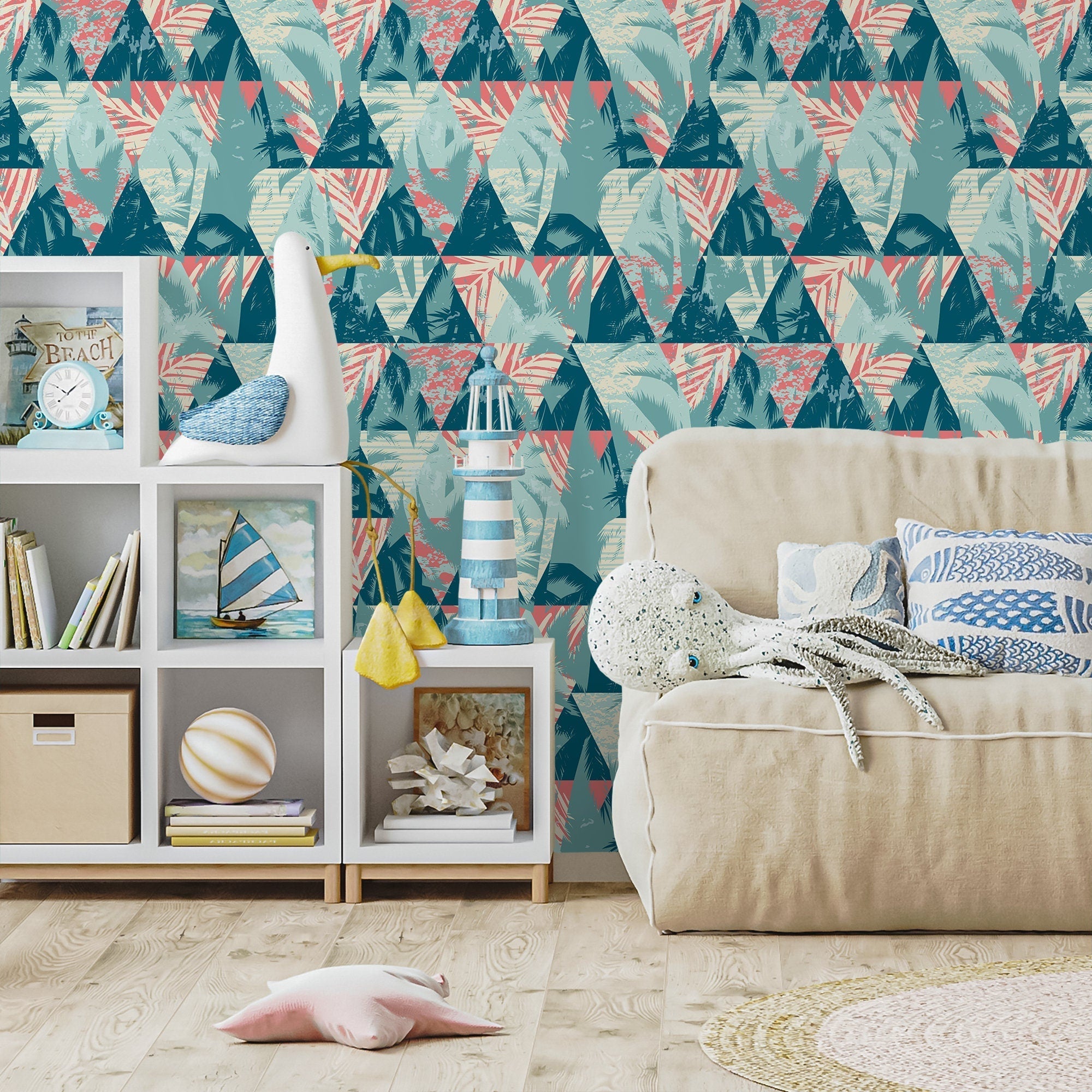 Abstract Wallpaper With A Tropical Triangle Motif In Teal, Coral, And Cream - A970