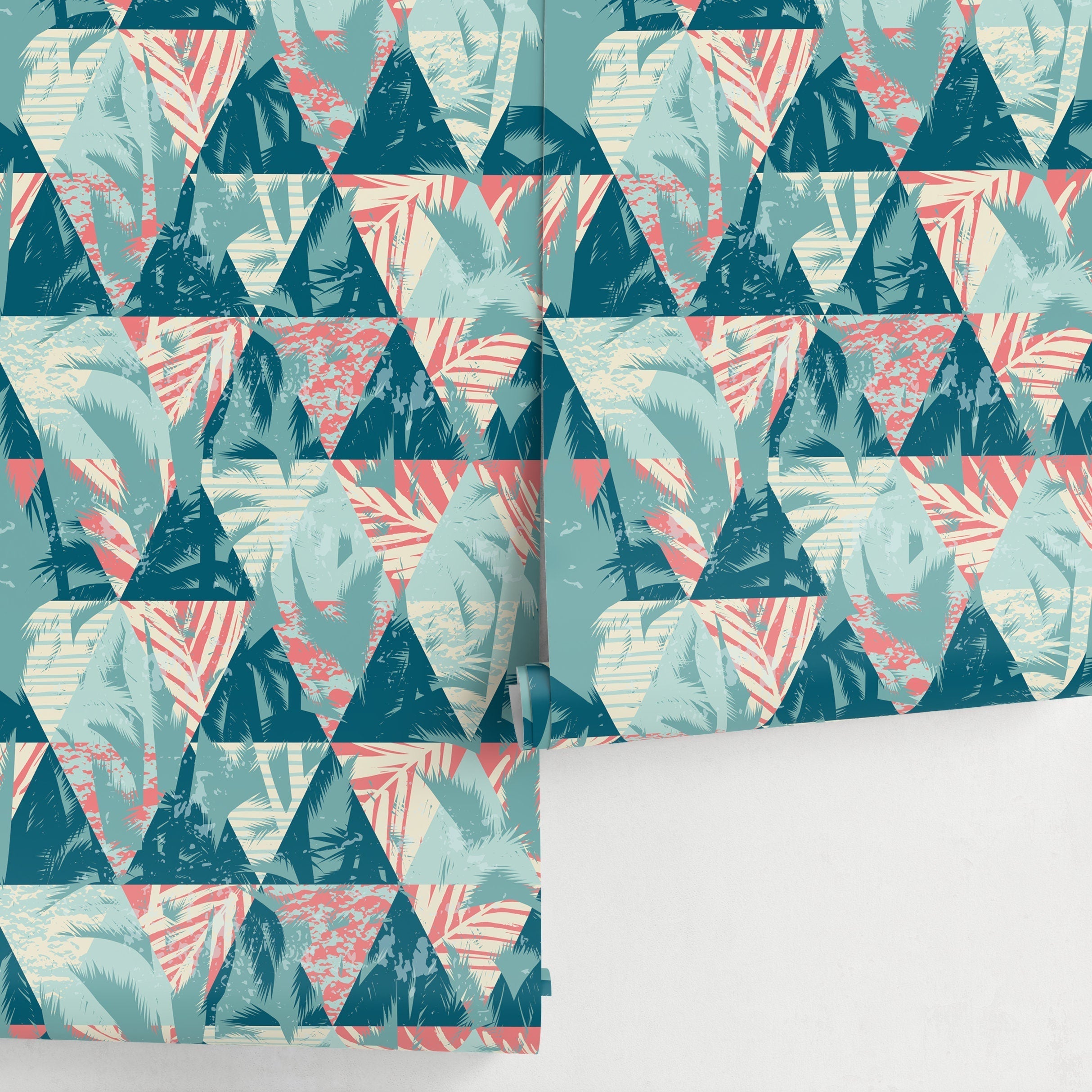 Abstract Wallpaper With A Tropical Triangle Motif In Teal, Coral, And Cream - A970