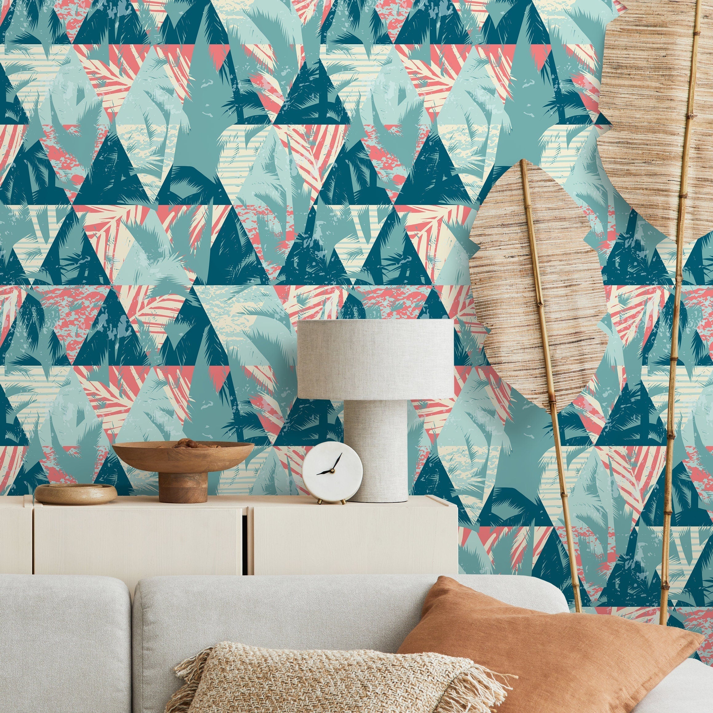 Abstract Wallpaper With A Tropical Triangle Motif In Teal, Coral, And Cream - A970