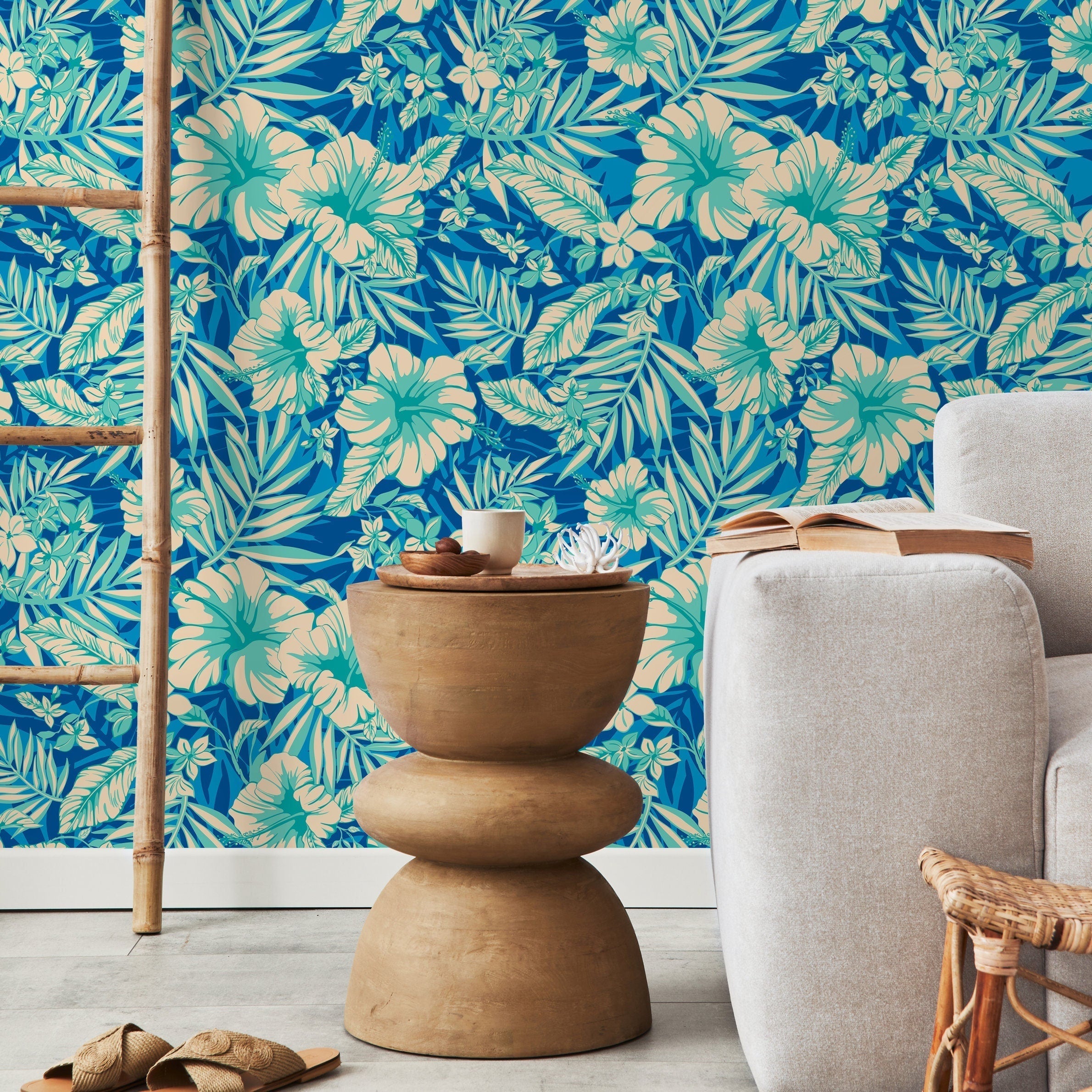 Tropical Wallpaper With Hibiscus Flowers In Blue, Teal, And Cream - A971