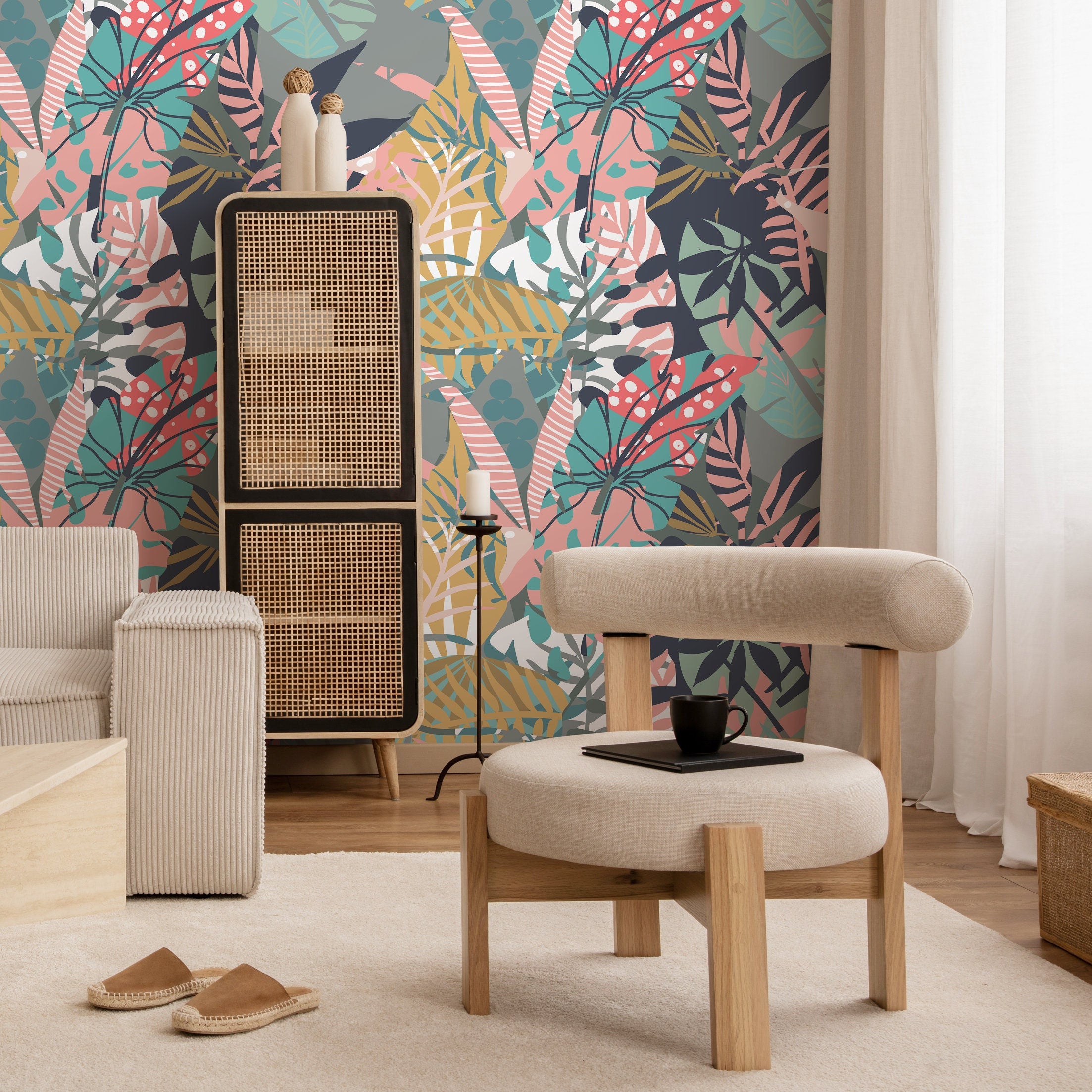 Botanical Wallpaper Featuring Stylized Tropical Leaves In Teal, Pink, And Gold - A712