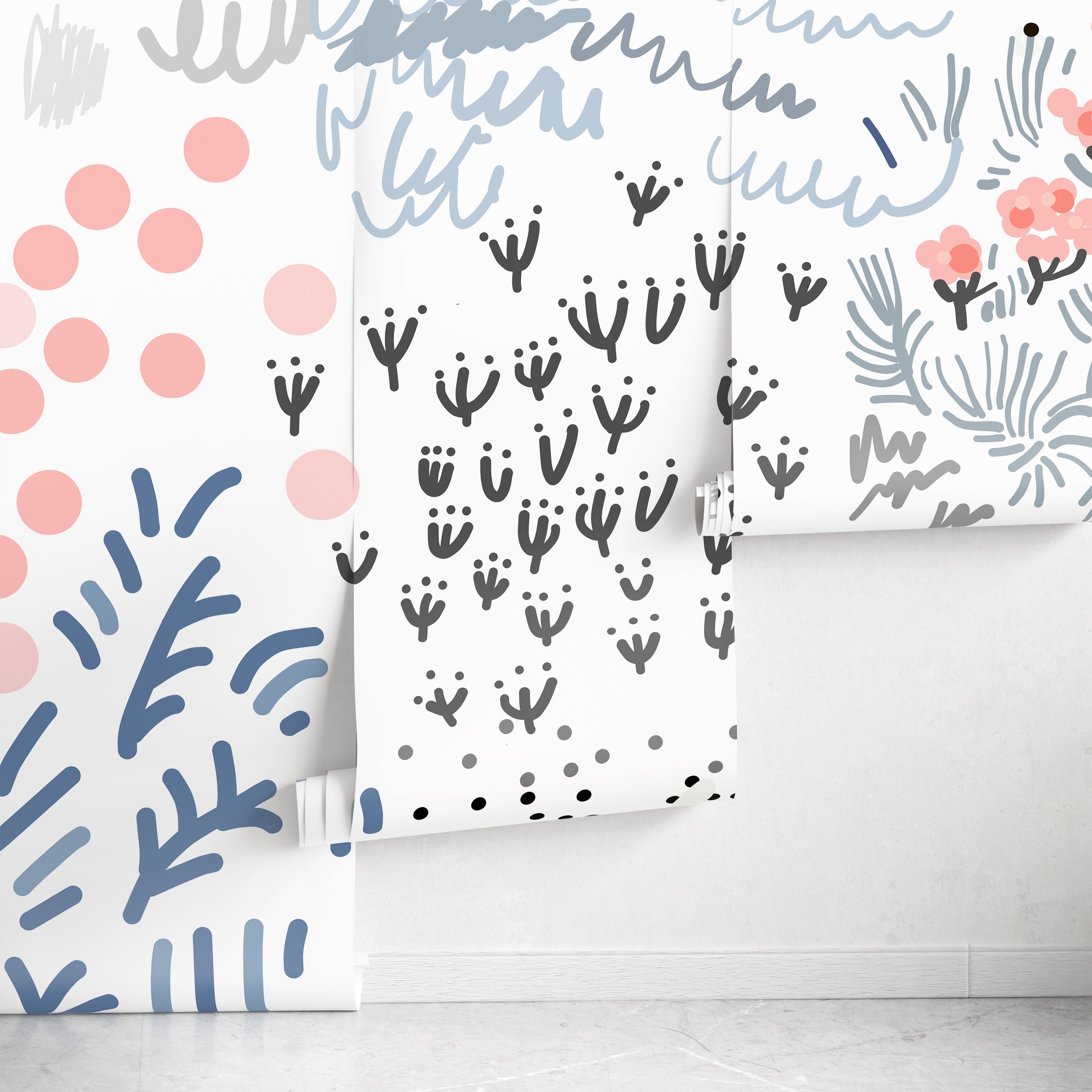 Abstract Wallpaper With Hand-drawn Motifs In Coral, Blue, And Grey - A719