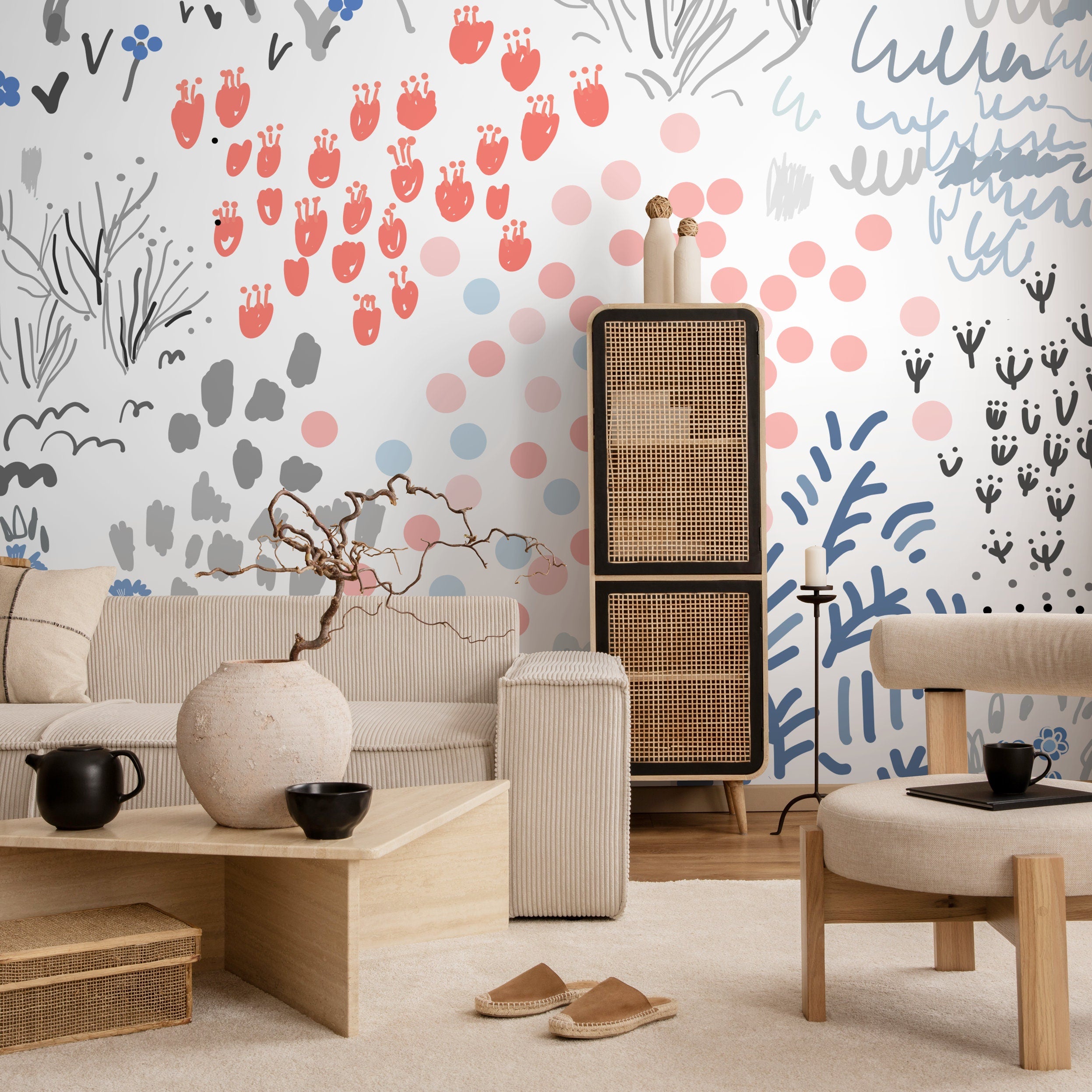 Abstract Wallpaper With Hand-drawn Motifs In Coral, Blue, And Grey - A719