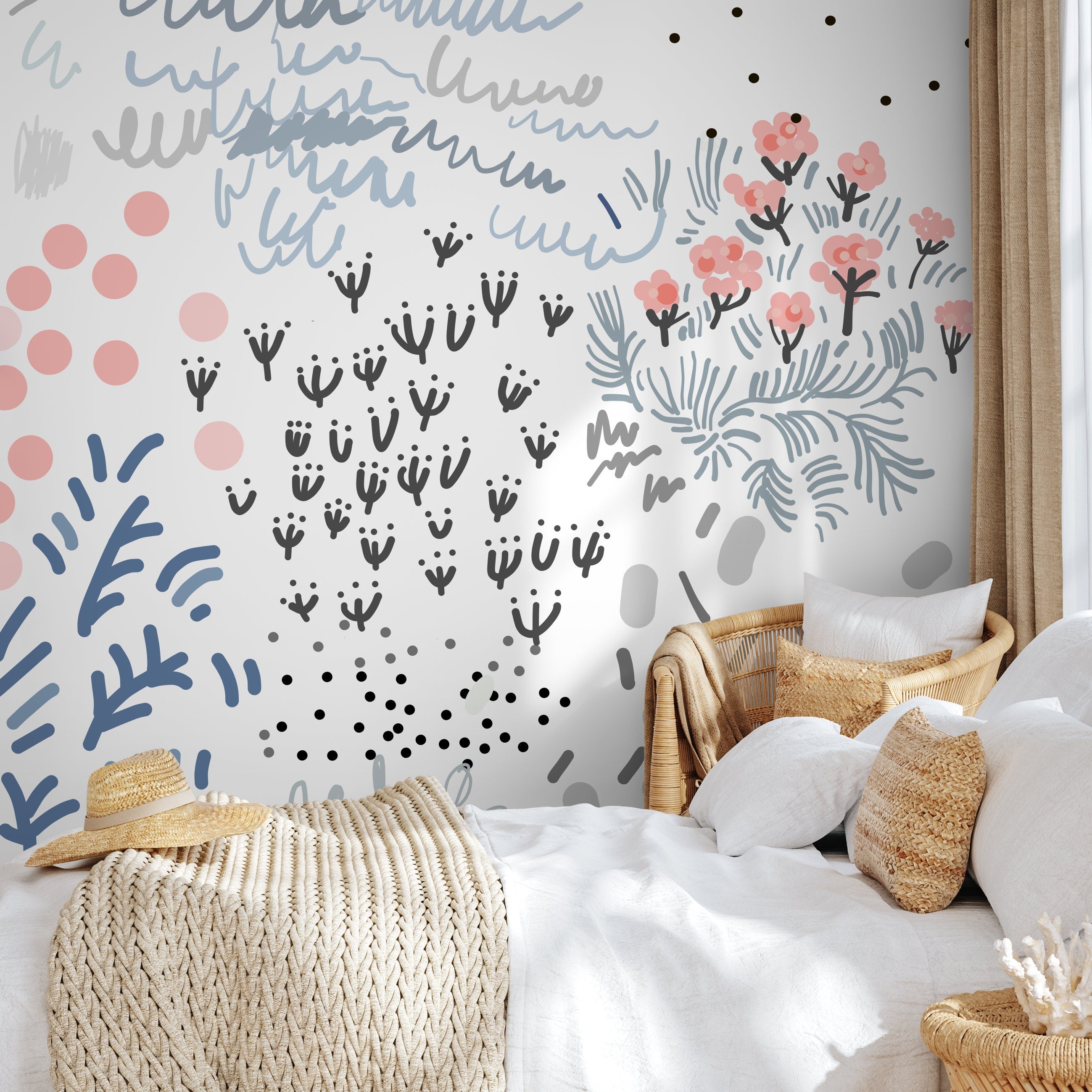 Abstract Wallpaper With Hand-drawn Motifs In Coral, Blue, And Grey - A719
