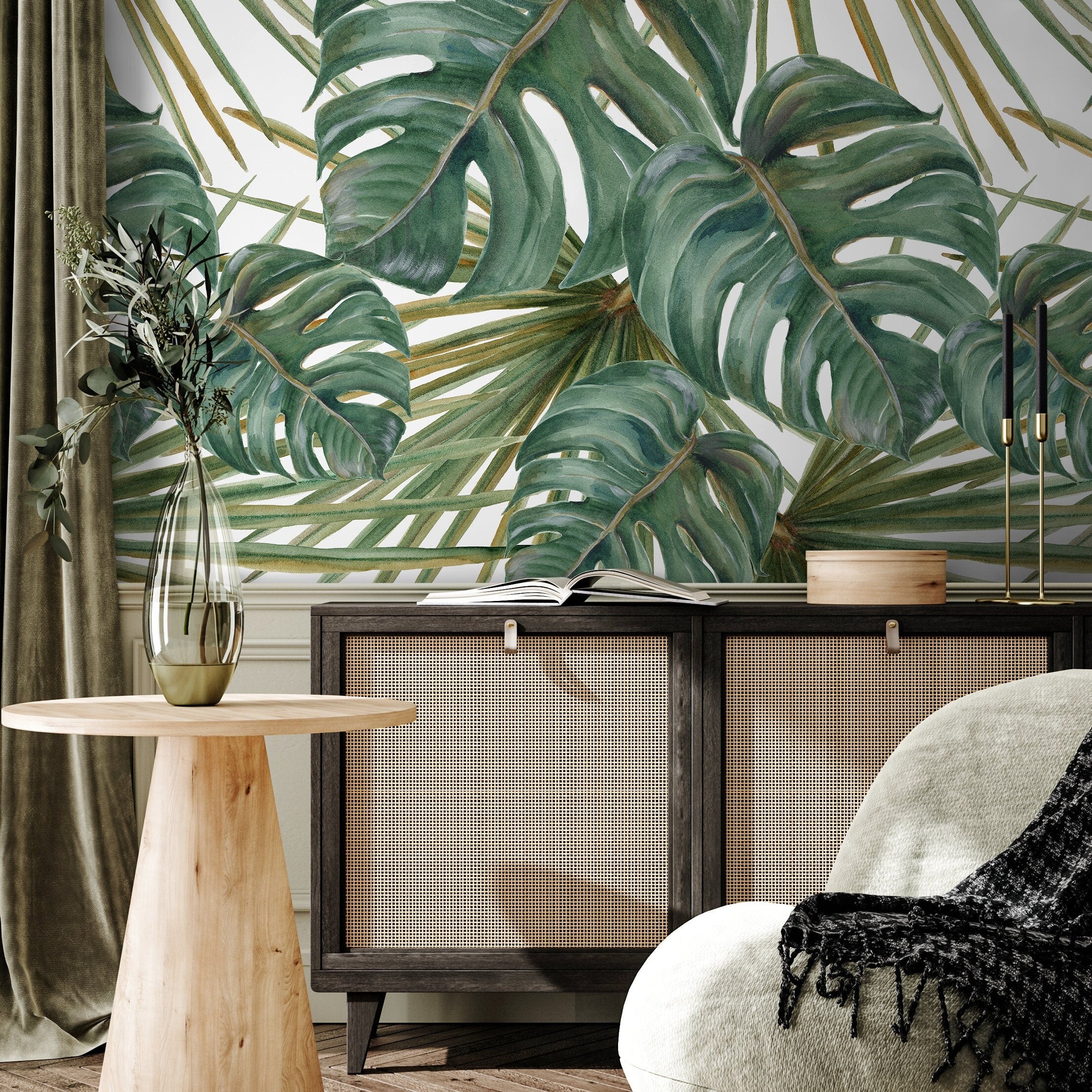 Botanical Wallpaper With Watercolor Monstera And Palm Leaves In Green - A259