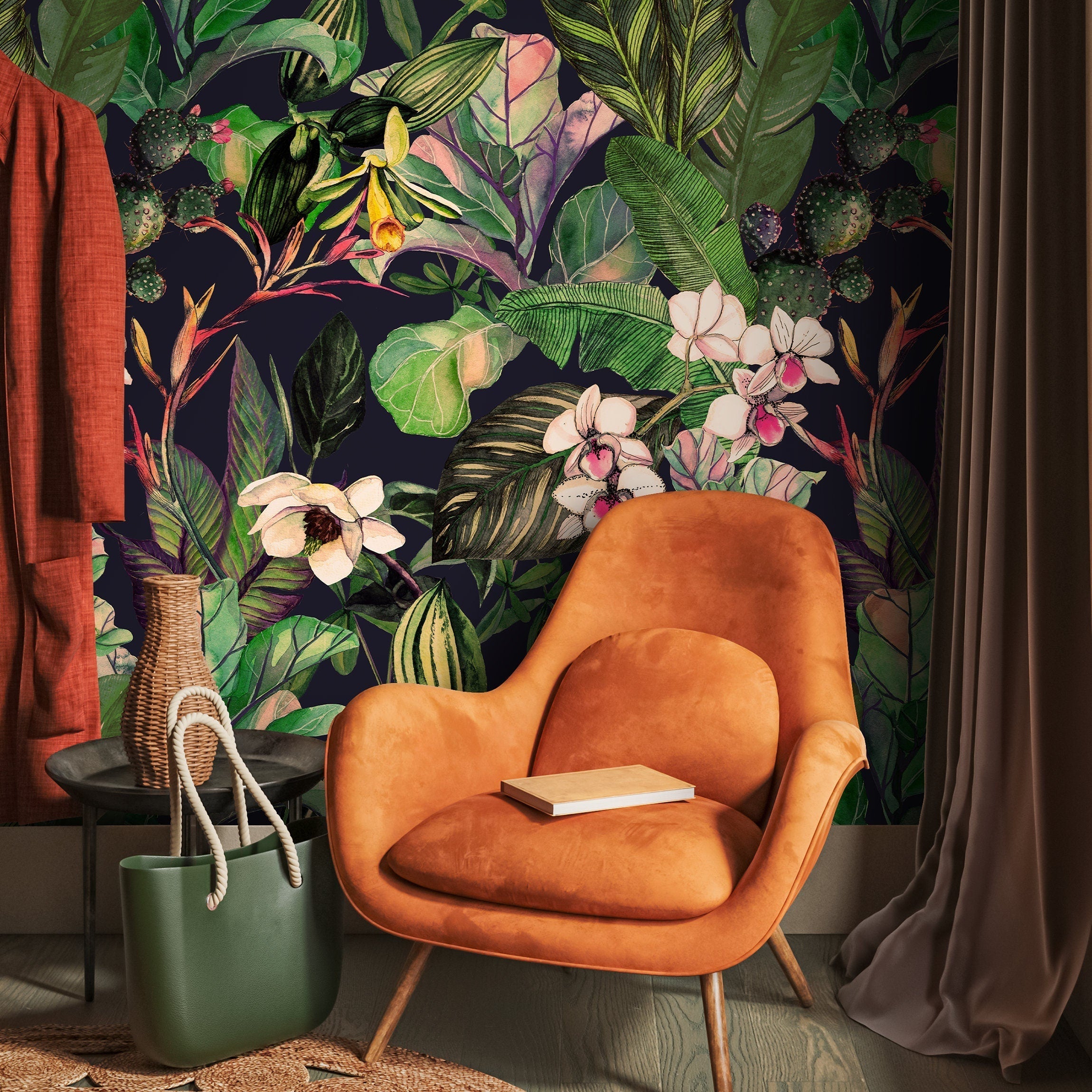 Tropical Wallpaper With Lush Jungle Leaves And Orchids In Green And Pink - A470