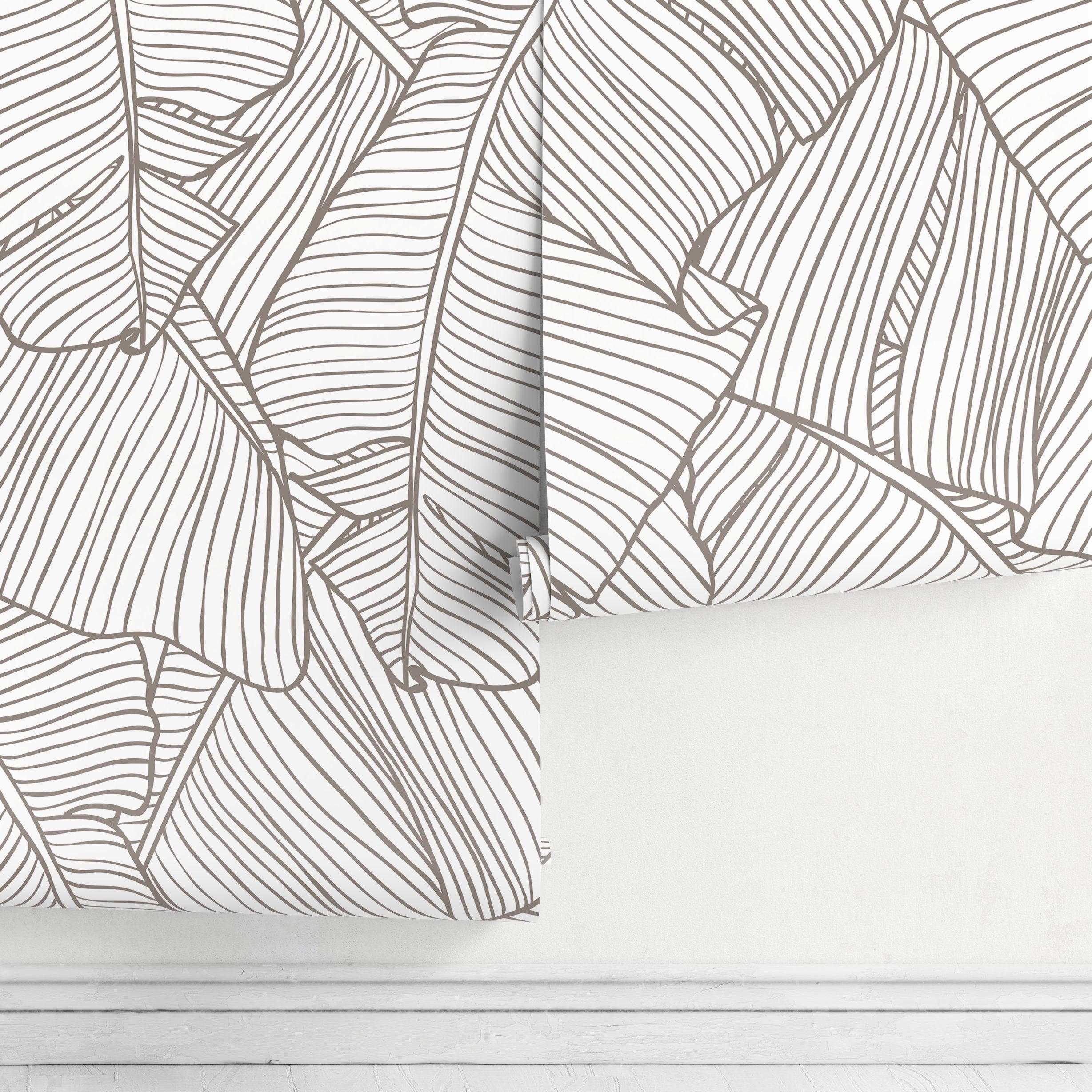 Botanical Wallpaper With Minimalist Banana Leaf Line Art In Taupe - A474
