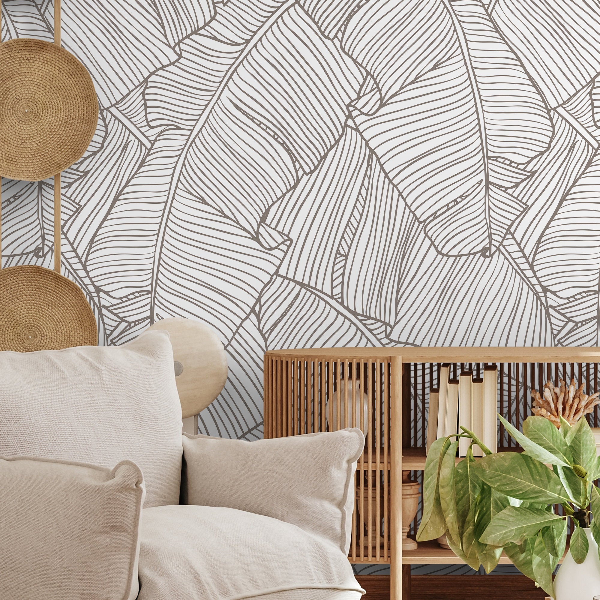 Botanical Wallpaper With Minimalist Banana Leaf Line Art In Taupe - A474