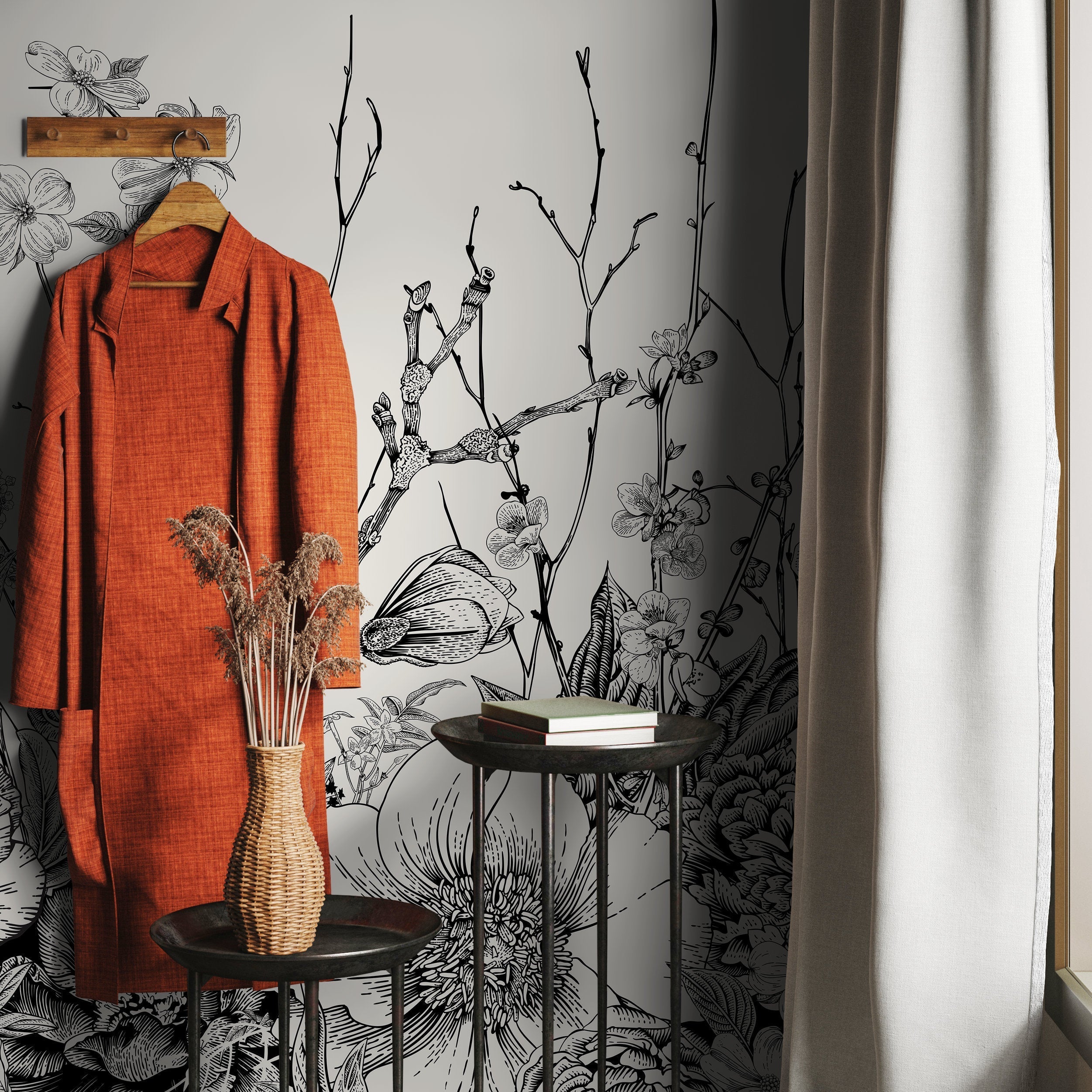 Floral Wallpaper With An Engraved Botanical Motif In Black And White - A531