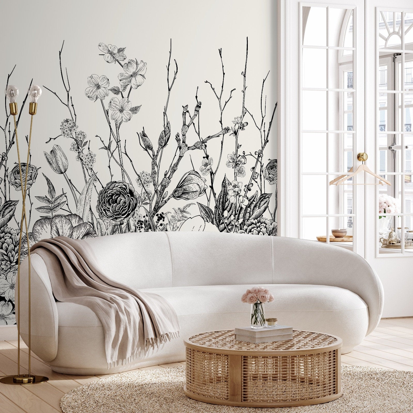 Floral Wallpaper With An Engraved Botanical Motif In Black And White - A531