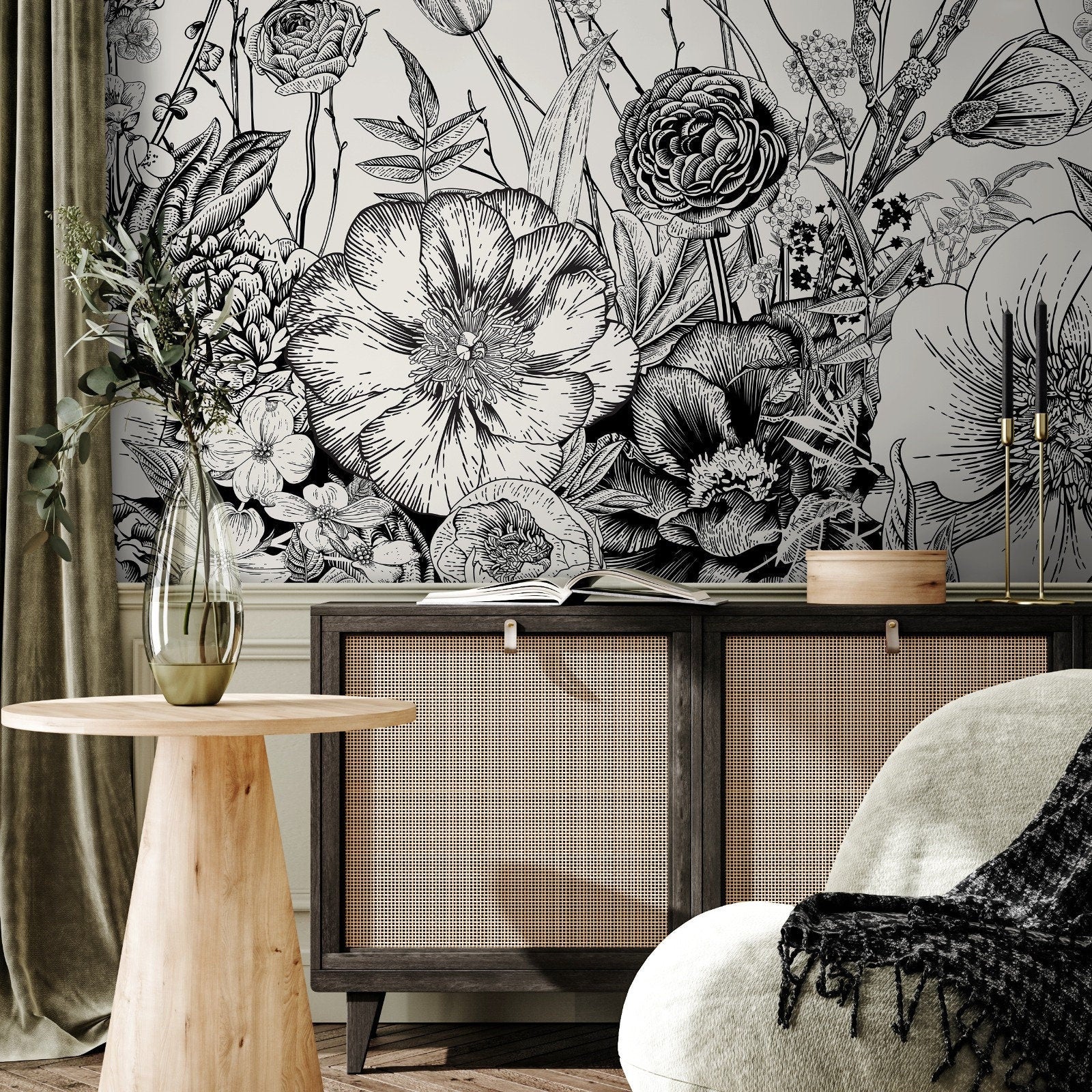 Floral Wallpaper With An Engraved Botanical Motif In Black And White - A531