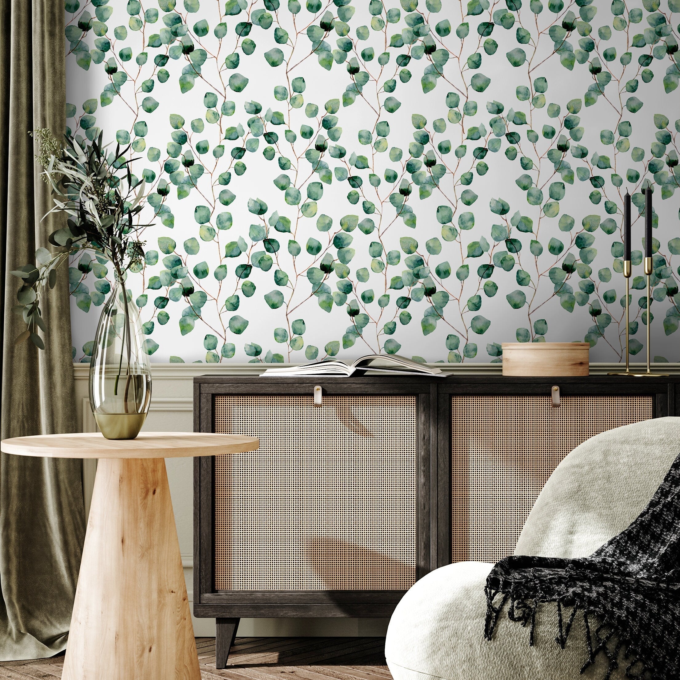 Botanical Wallpaper Featuring A Watercolor Eucalyptus Motif In Green And Brown - A126