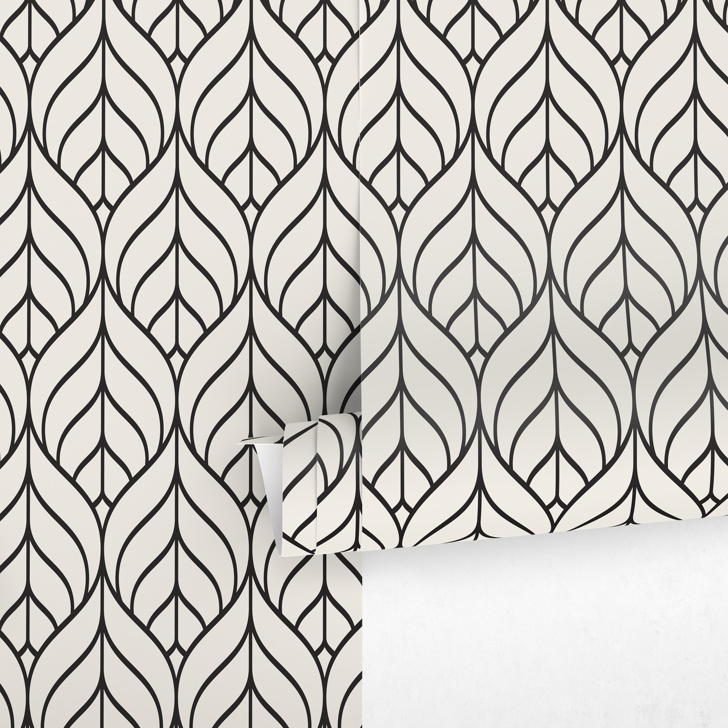 Art Deco Wallpaper With A Stylized Leaf Motif In Black And Gray - A134