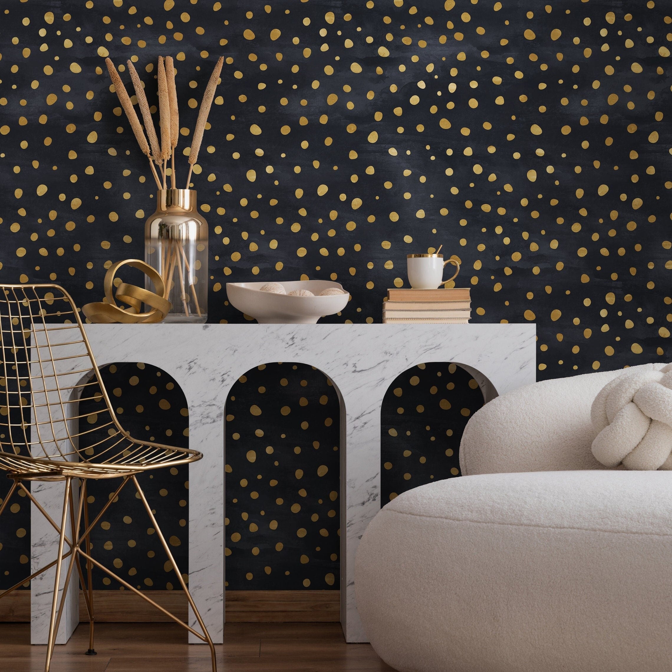 Abstract Wallpaper With A Scattered Dots Motif In Black And Gold - A142