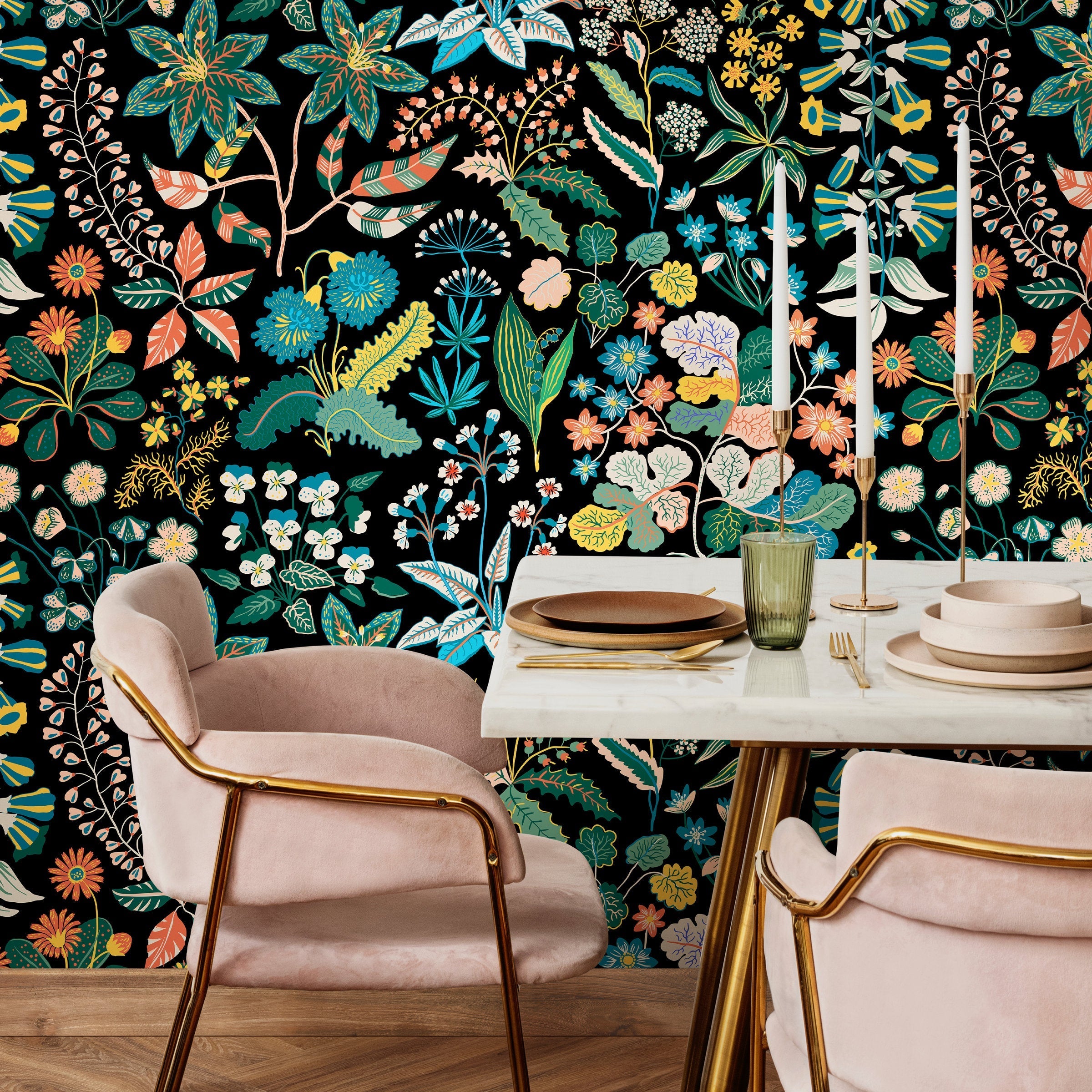 Botanical Wallpaper Featuring A Folk Art Floral Motif In Yellow, Blue, And Green - A936