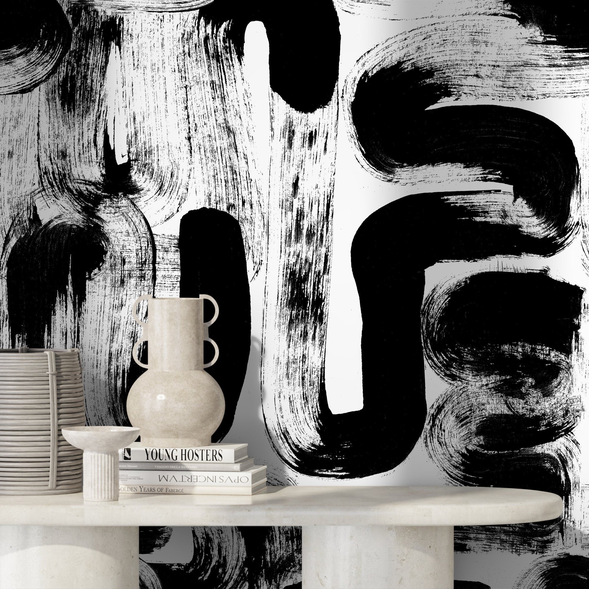 Abstract Wallpaper With Bold Brushstrokes In Black And White - X175