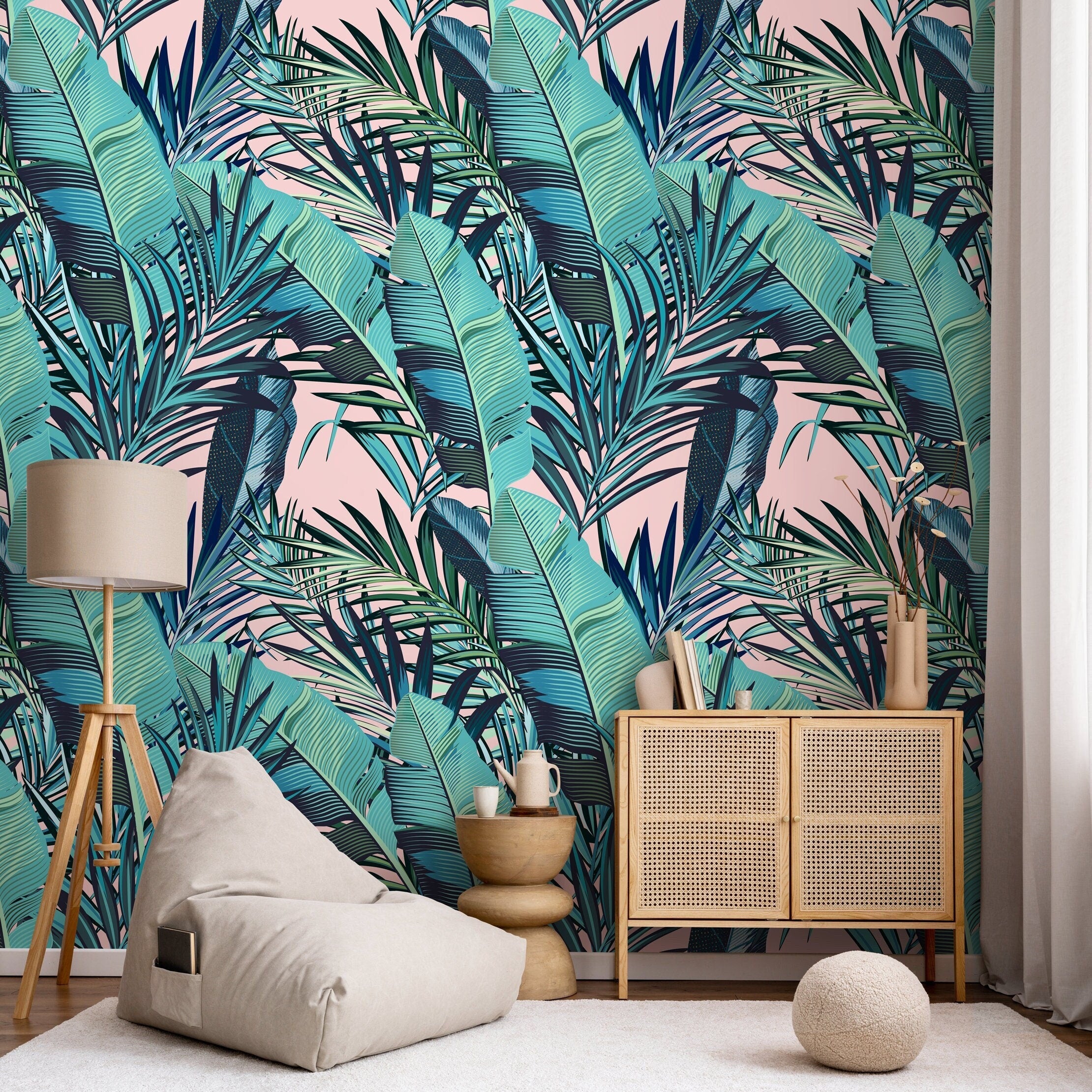 Tropical Wallpaper With Layered Palm And Banana Leaves In Pink, Teal, And Green - A794
