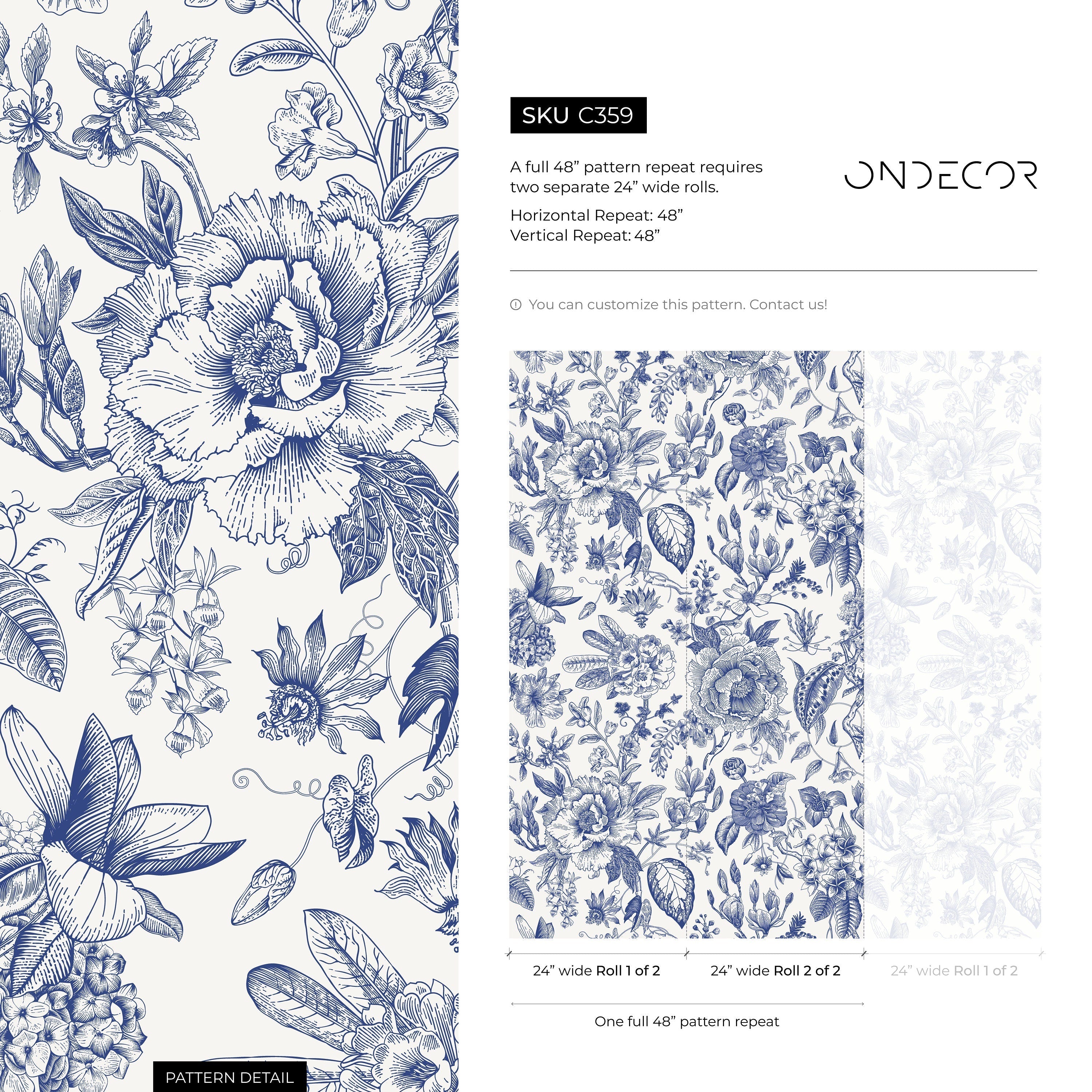 Floral Wallpaper With A Vintage Toile Motif In Blue And Cream - C359