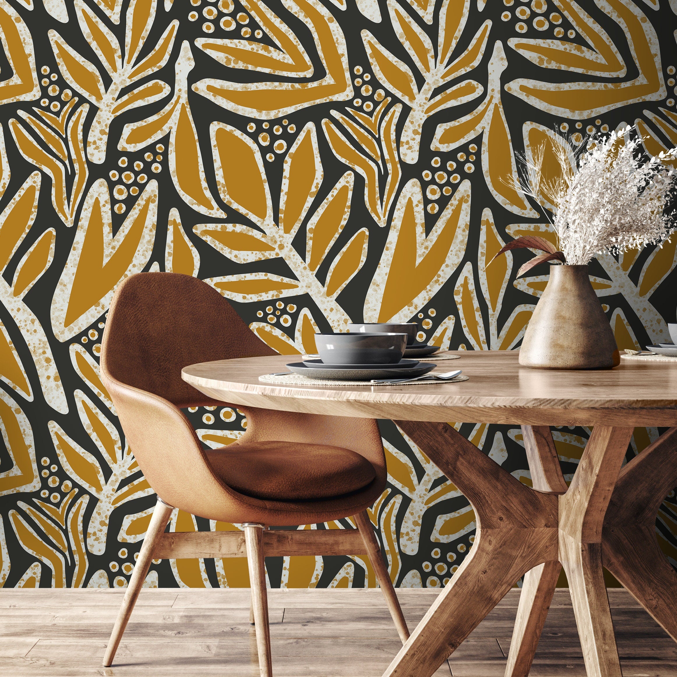 Botanical Wallpaper With Abstract Leaves In Mustard, Taupe, And Black - X177