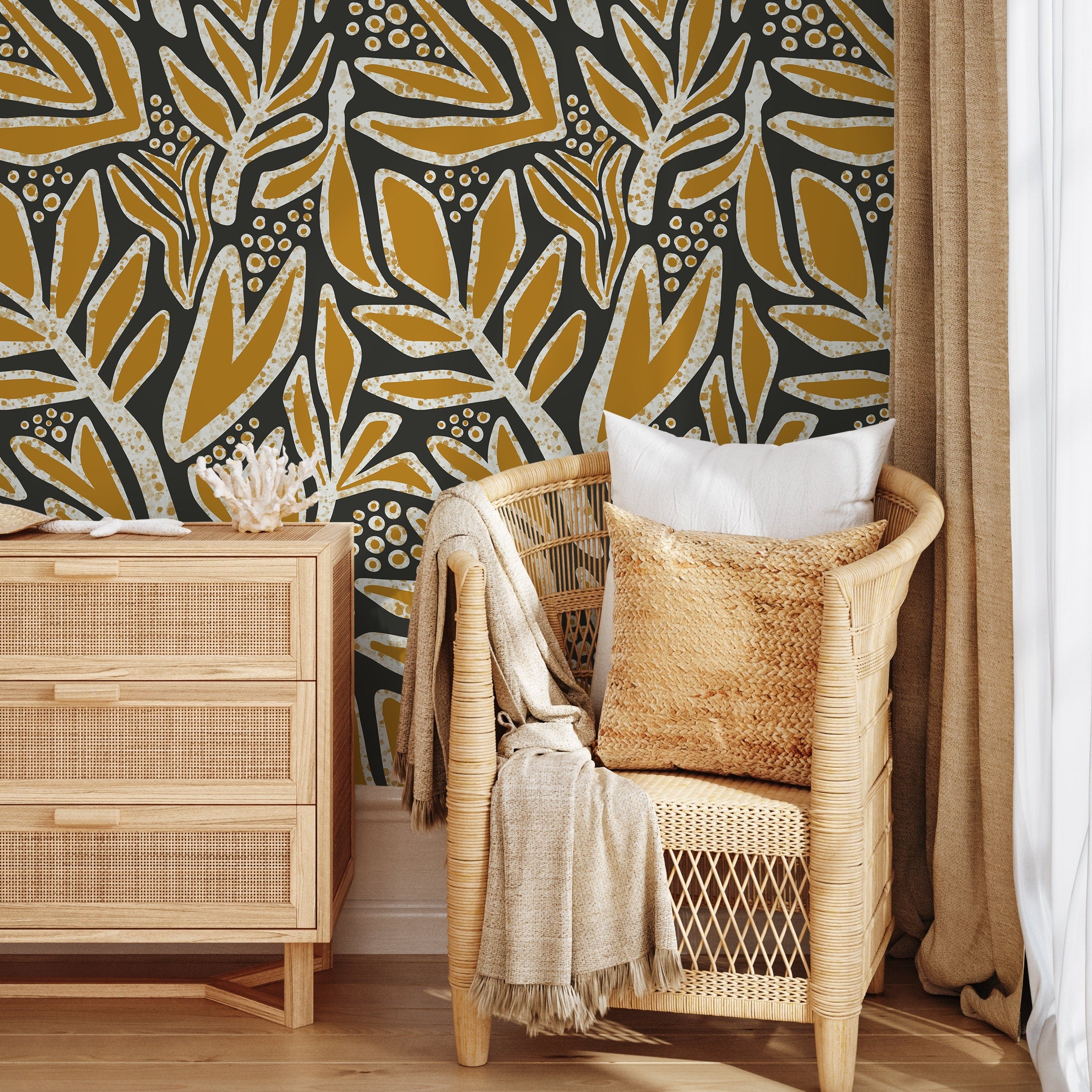 Botanical Wallpaper With Abstract Leaves In Mustard, Taupe, And Black - X177