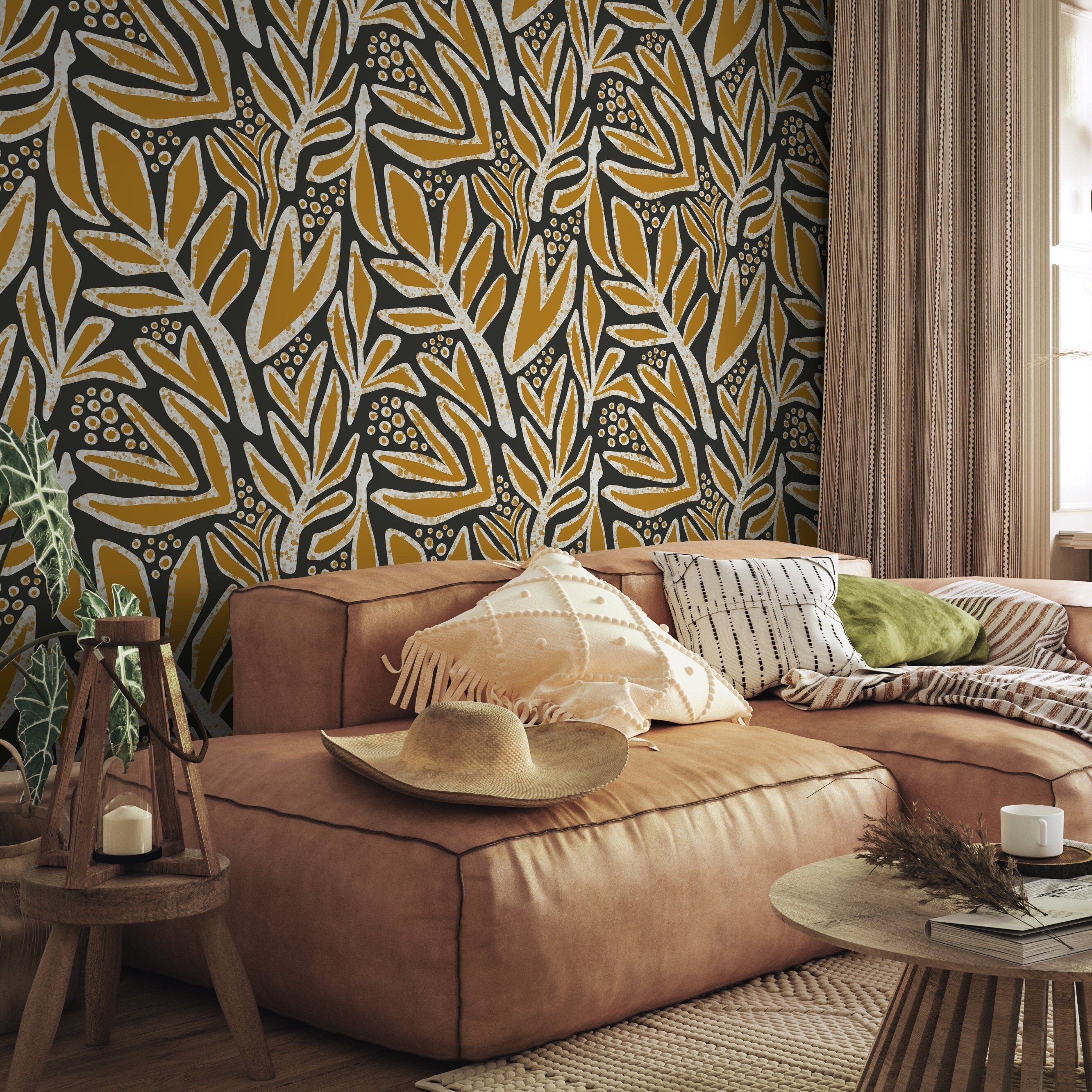 Botanical Wallpaper With Abstract Leaves In Mustard, Taupe, And Black - X177