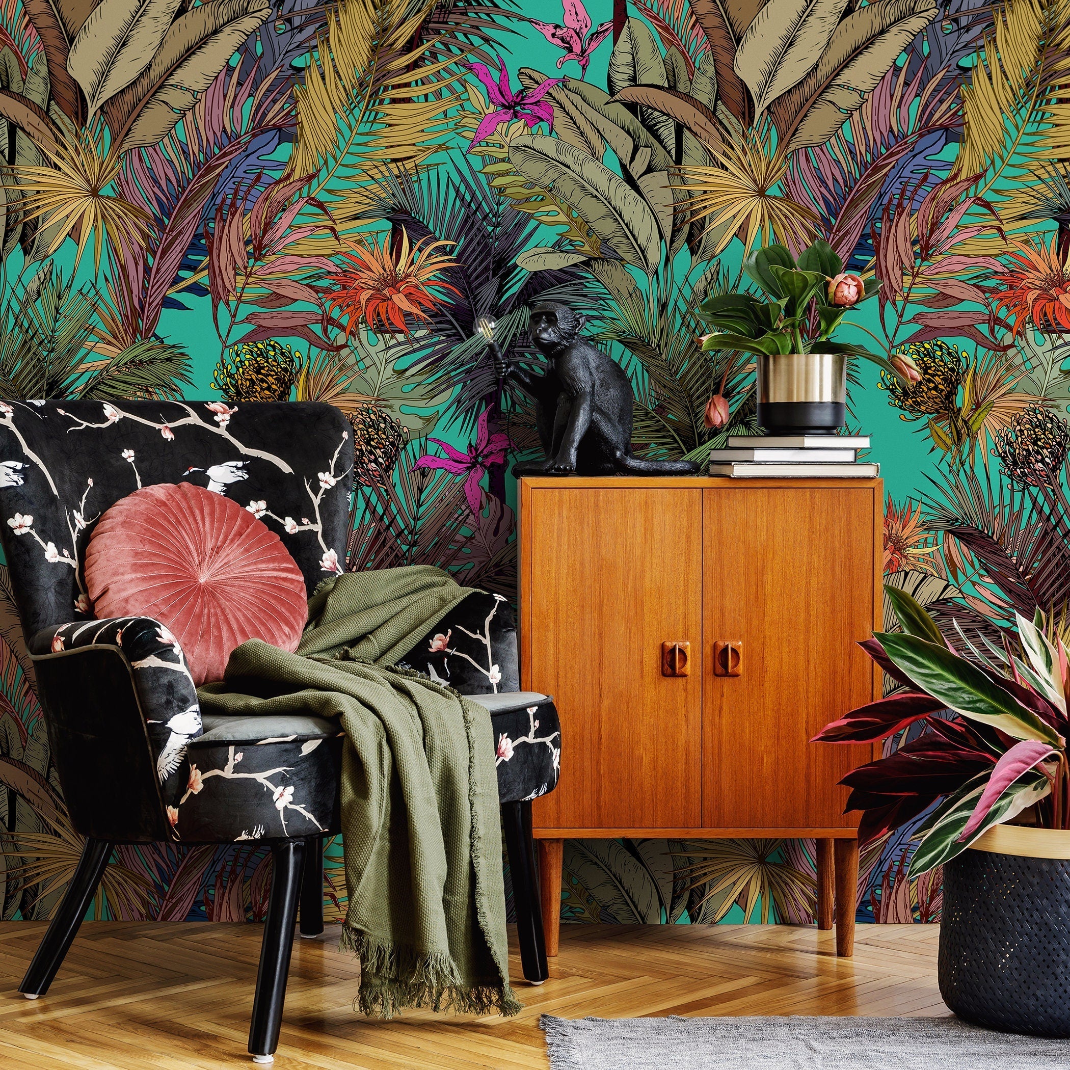 Tropical Wallpaper Featuring Exotic Jungle Leaves In Teal, Pink, And Gold - A764