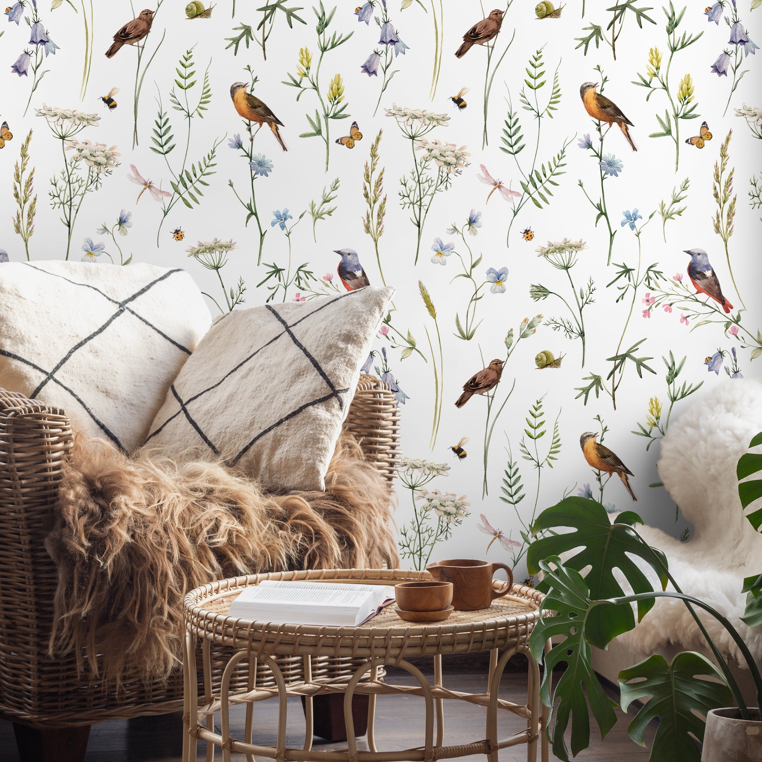 Botanical Wallpaper With Wildflowers And Birds In Green, Blue, And Orange - D993
