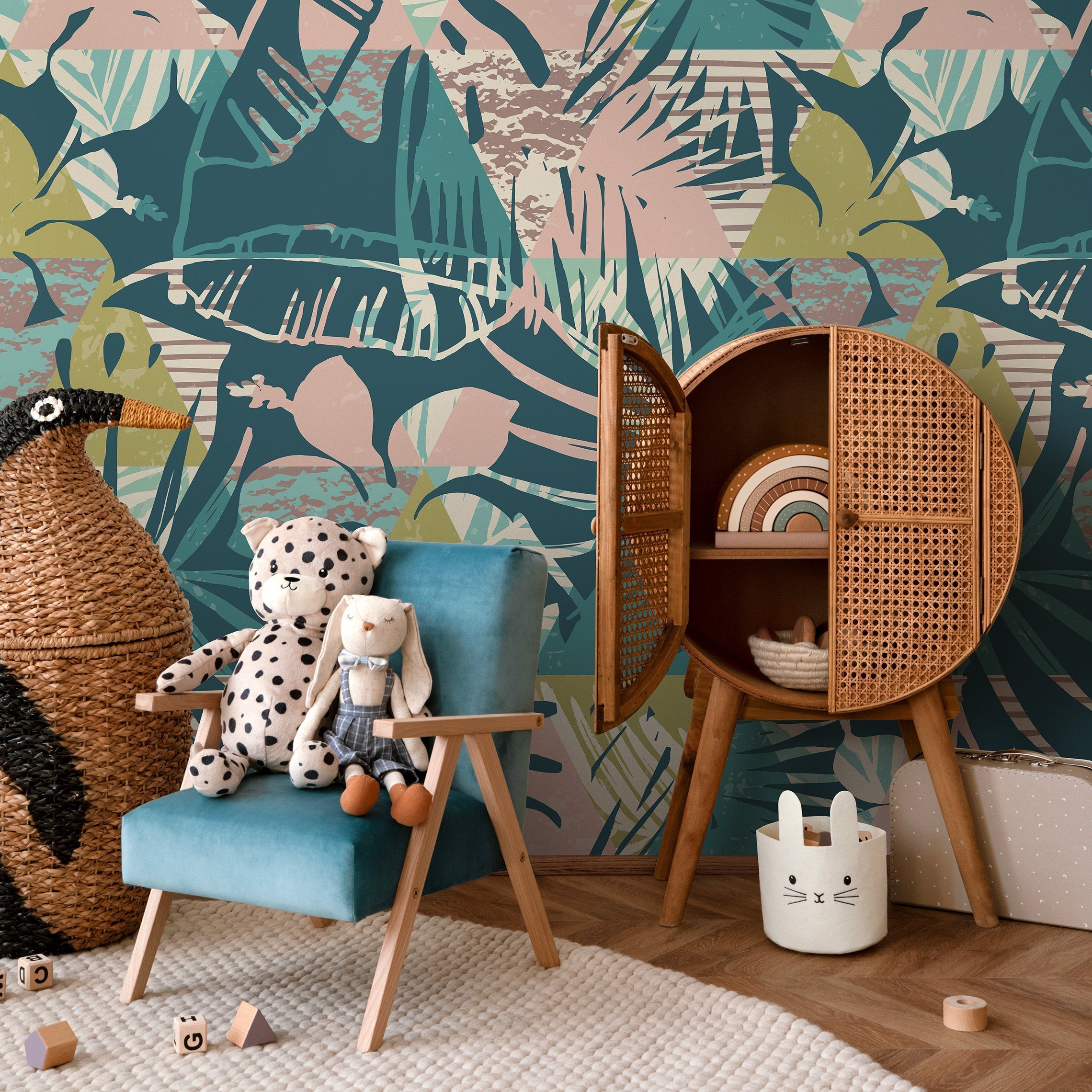 Abstract Tropical Wallpaper With Geometric Foliage In Teal, Pink, And Green - A893