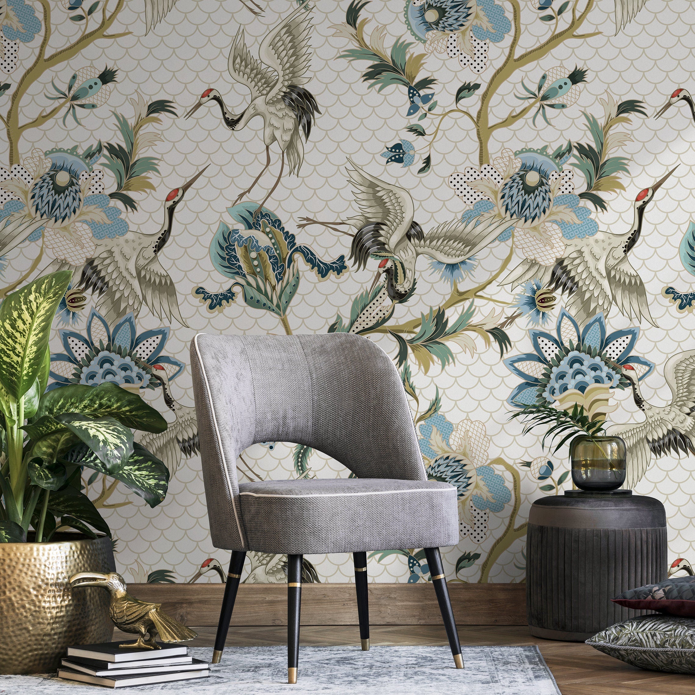 Chinoiserie Wallpaper With Elegant Cranes In Blue, Green, And Beige - A908