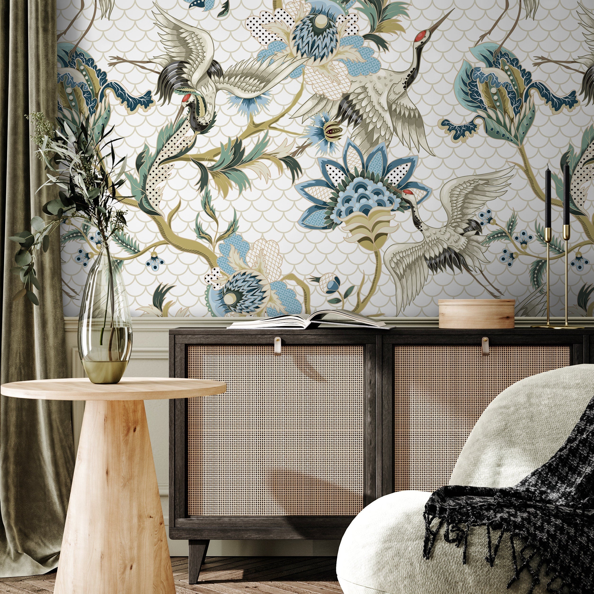 Chinoiserie Wallpaper With Elegant Cranes In Blue, Green, And Beige - A908