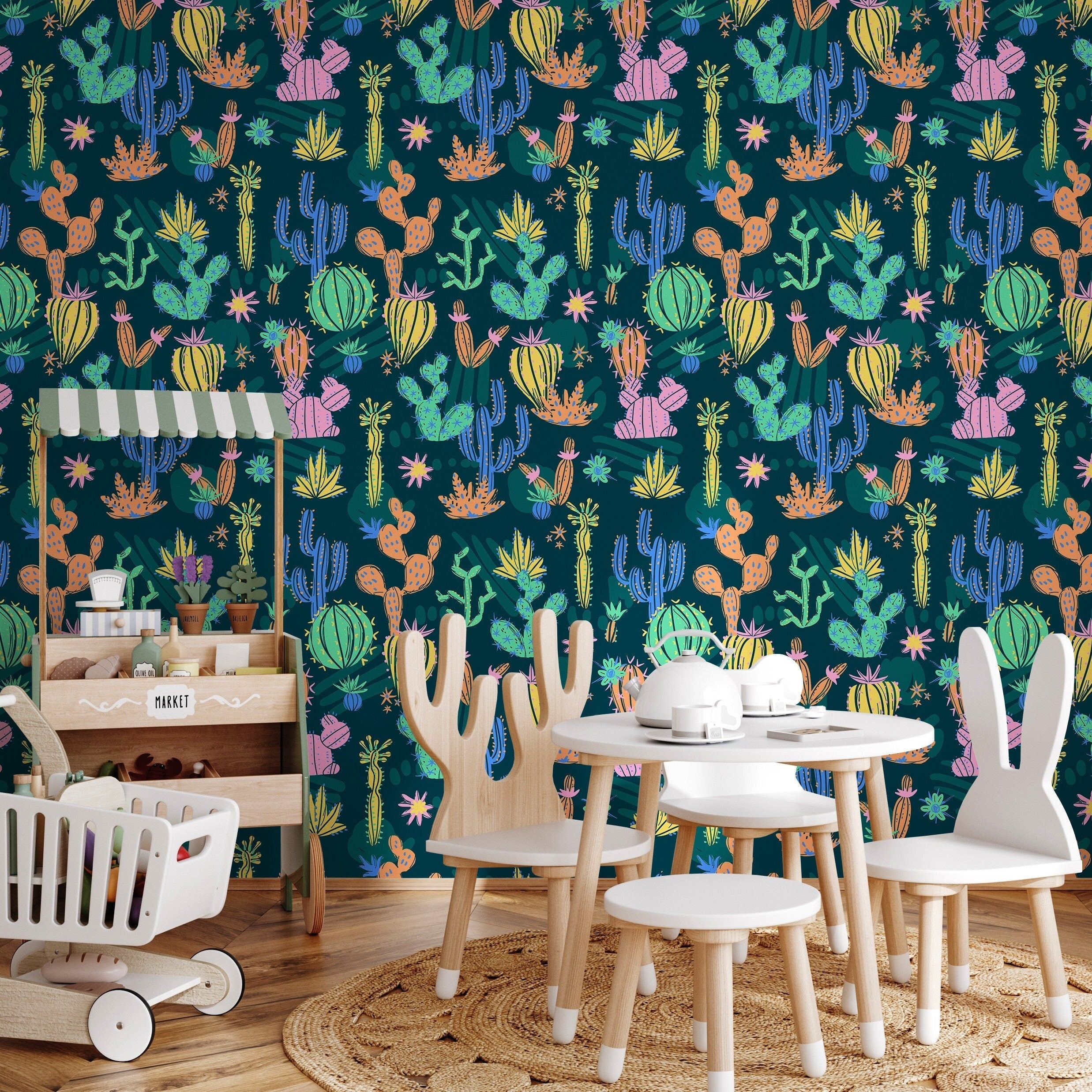 Cactus Wallpaper With Illustrated Desert Plants In Pink, Yellow, And Blue - A910