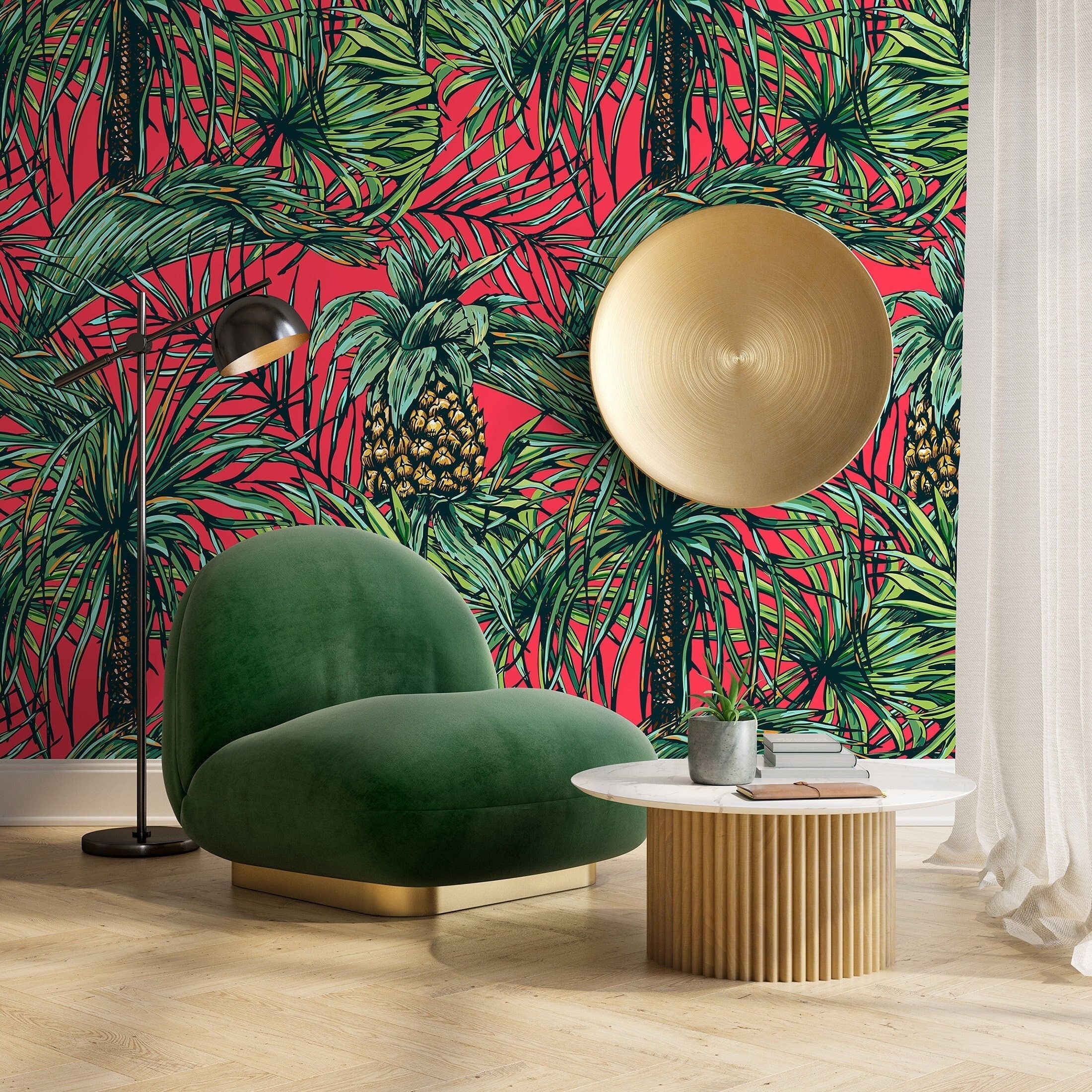 Tropical Wallpaper With Pineapples And Palm Leaves In Red, Green, And Yellow - A973