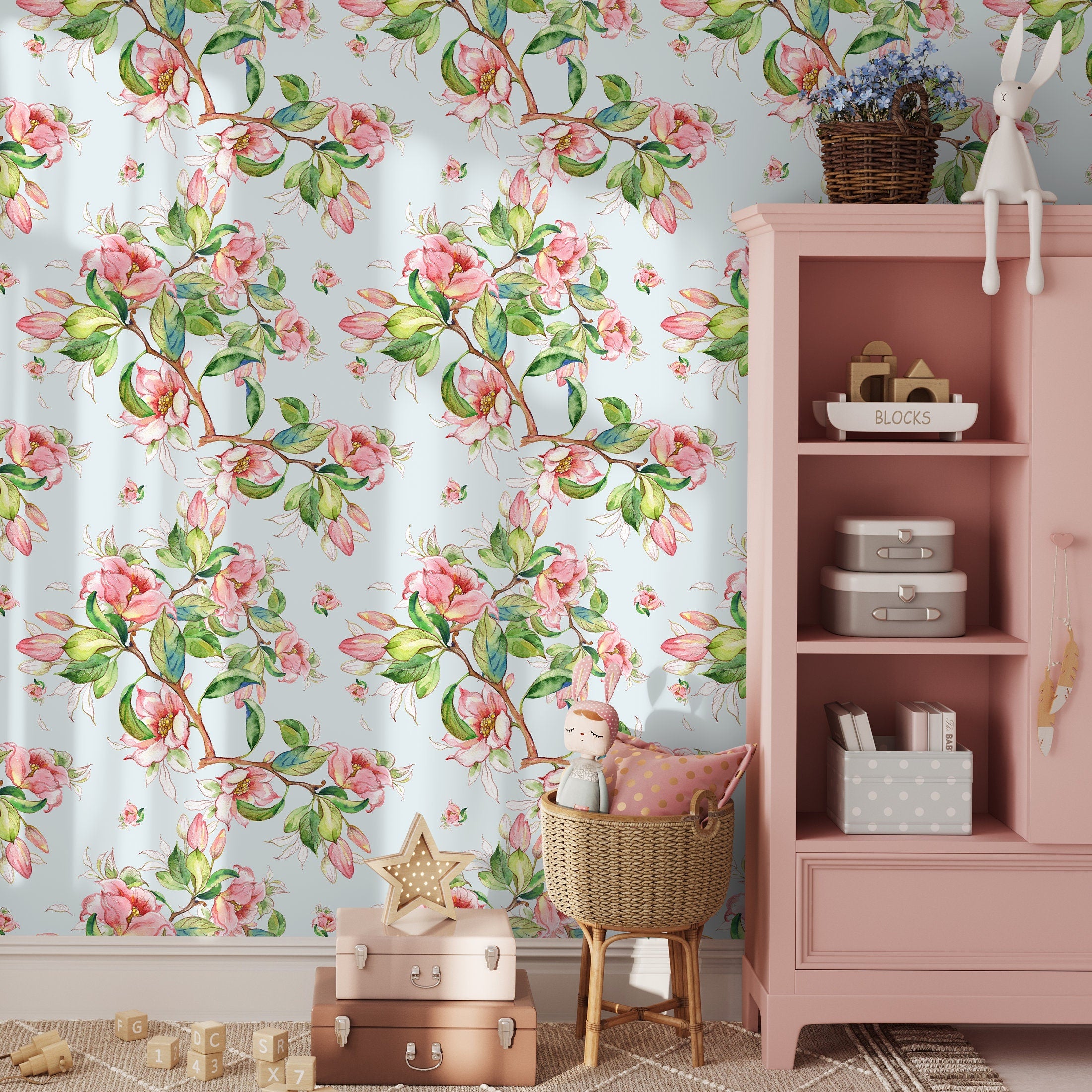 Floral Wallpaper With Watercolor Flowering Branches In Pink, Green, And Blue - A978