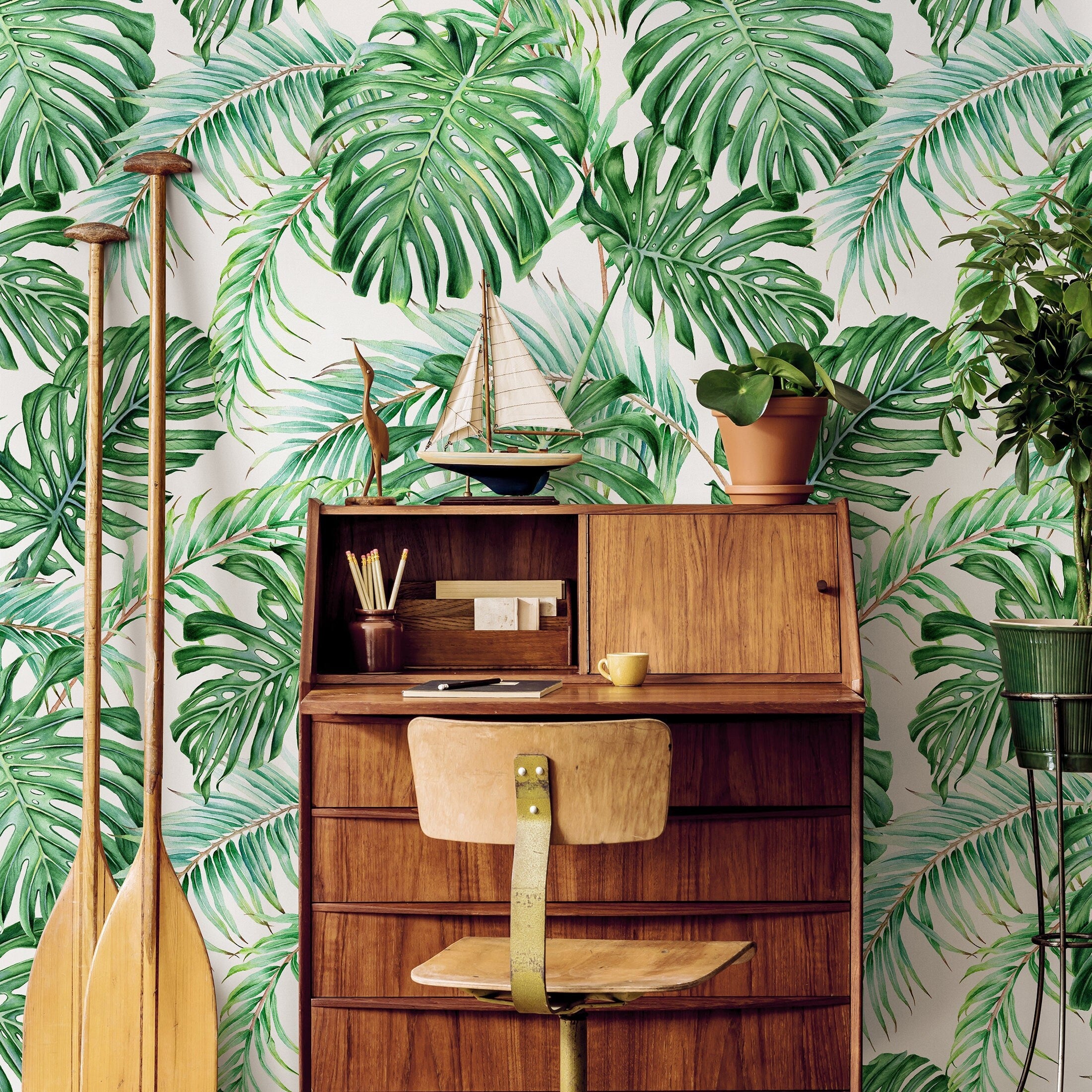 Tropical Wallpaper With Watercolor Monstera And Palm Leaves In Green - A013