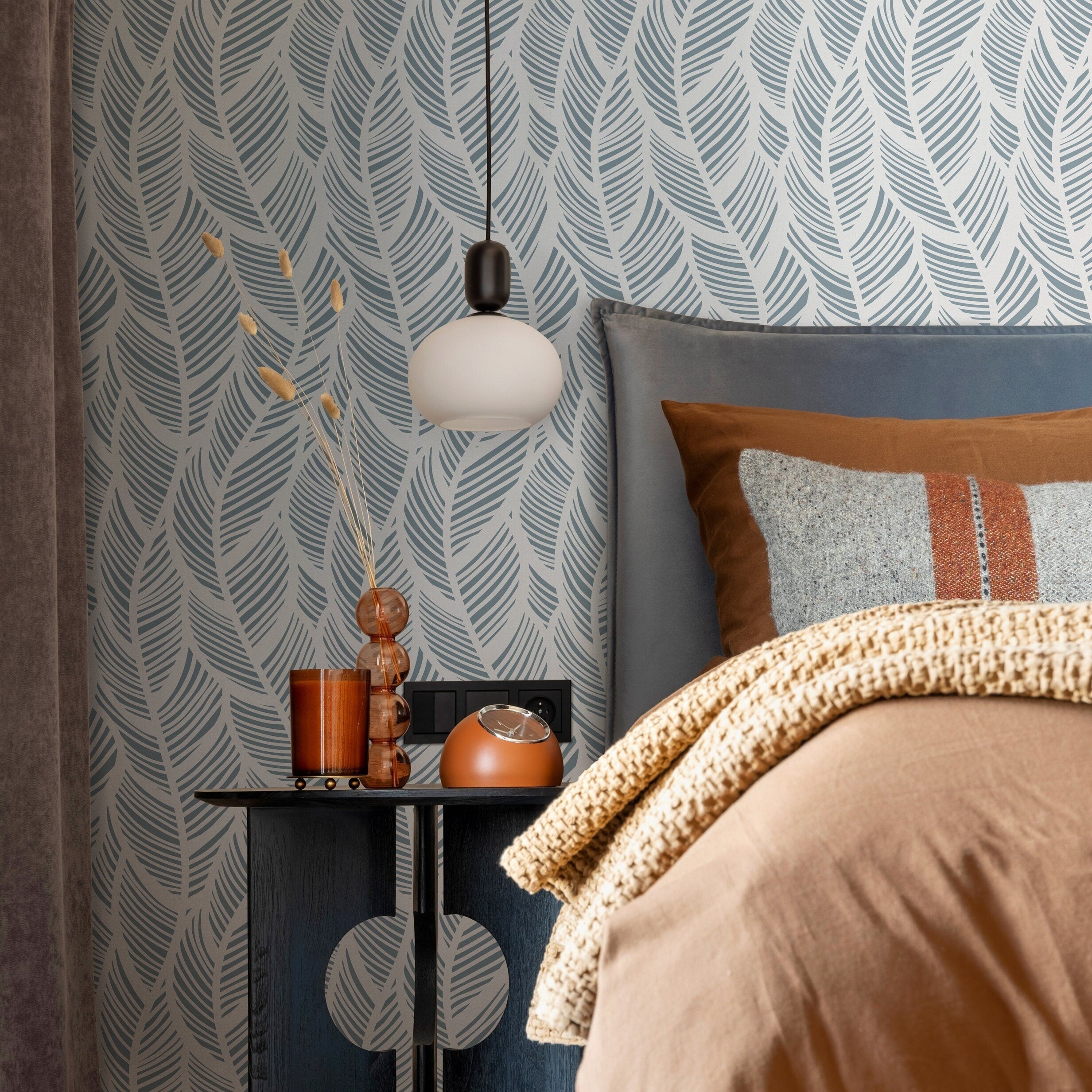 Feather Wallpaper With A Stylized Motif In Light Blue And Grey - A063