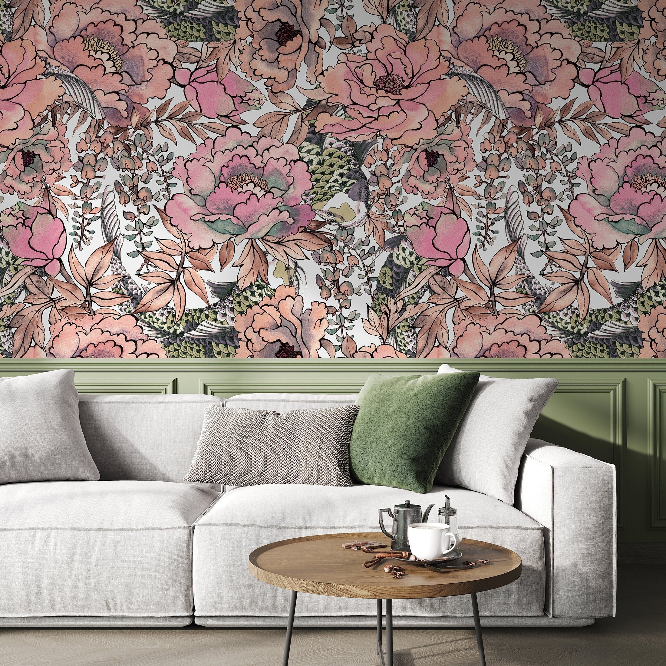 Floral Wallpaper With A Watercolor Peony And Peacock Motif In Pink, Green, And Brown - A615
