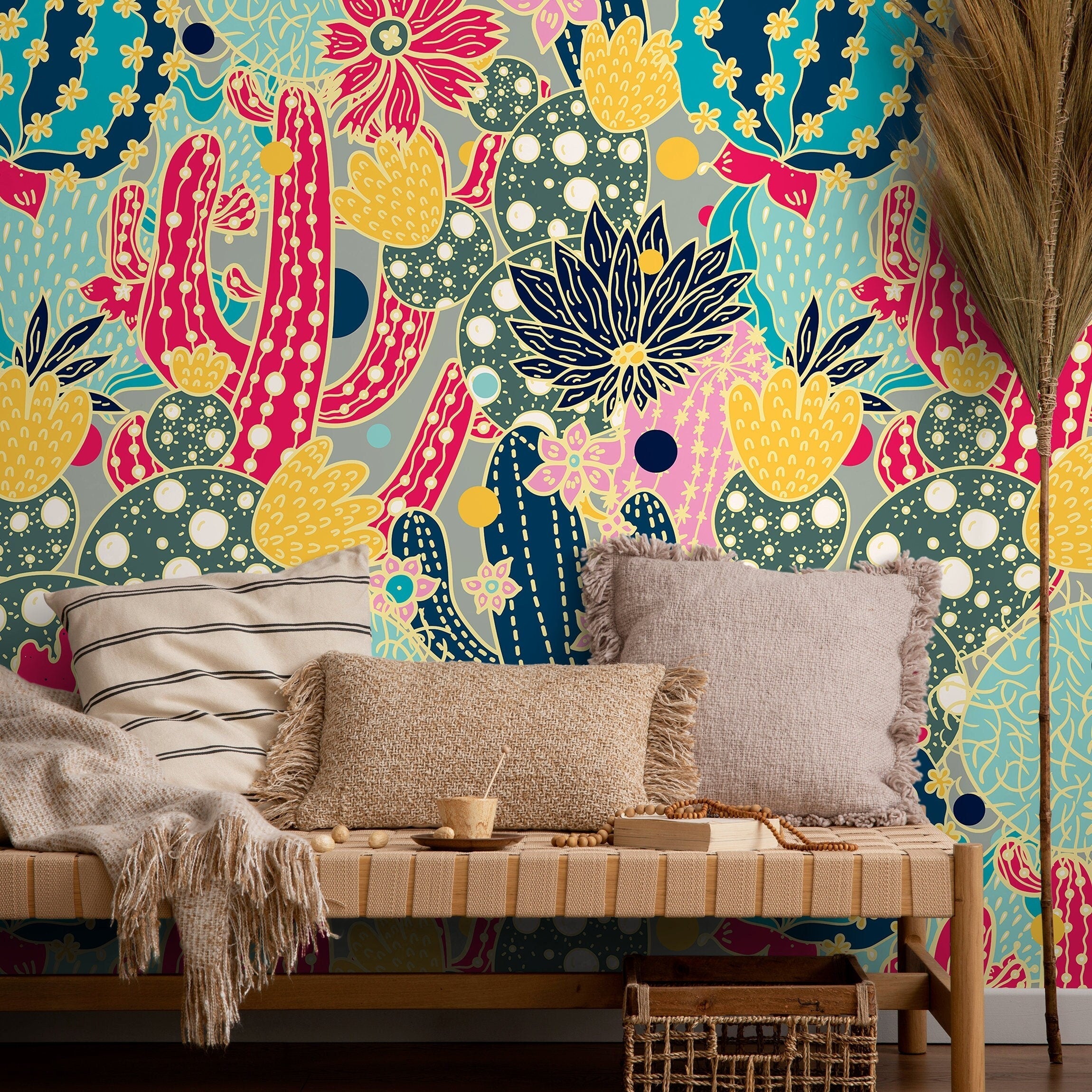 Contemporary Wallpaper Featuring A Bold Cactus Motif In Pink, Blue, And Yellow - A884