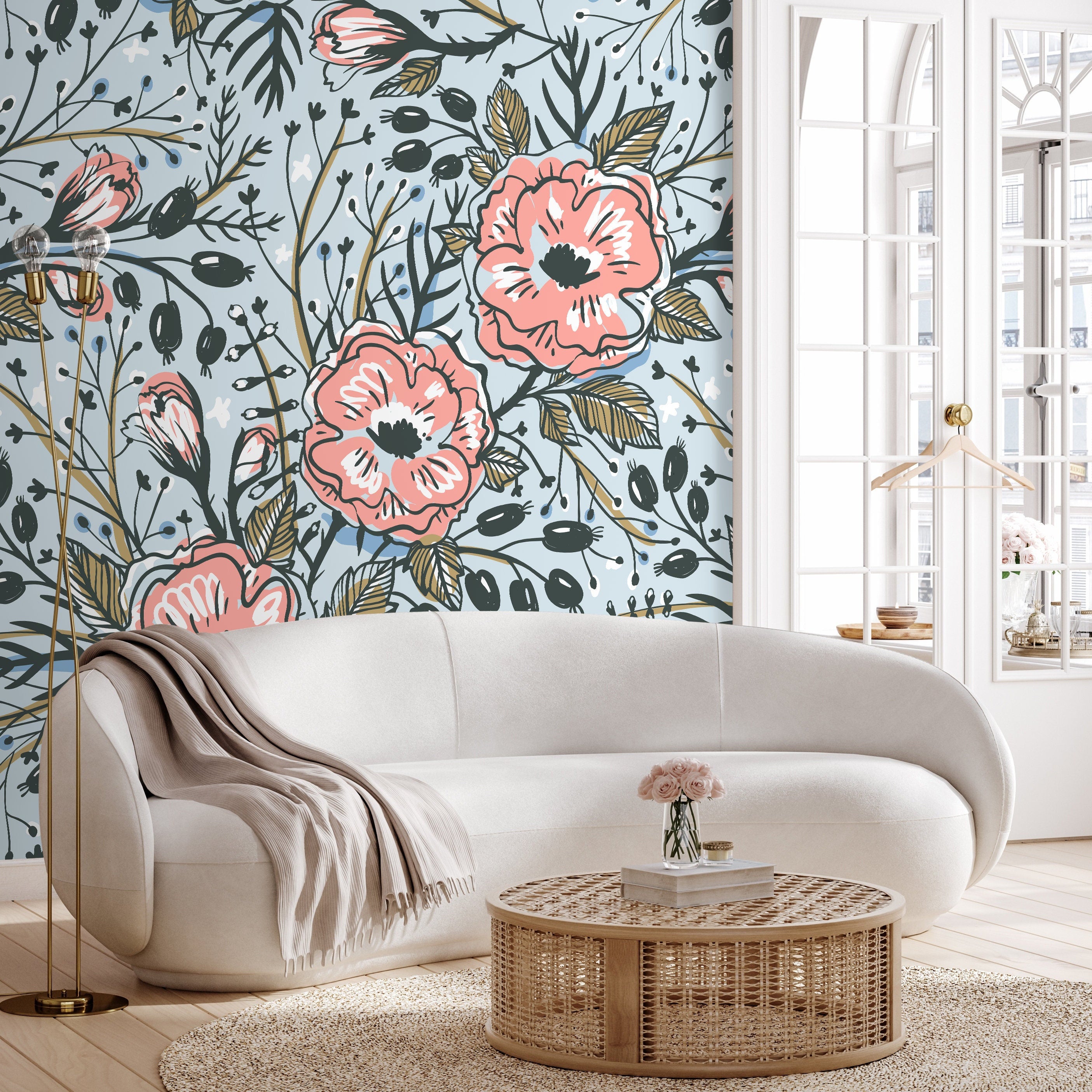 Floral Wallpaper With Stylized Poppies In Pink, Blue, And Black - A418