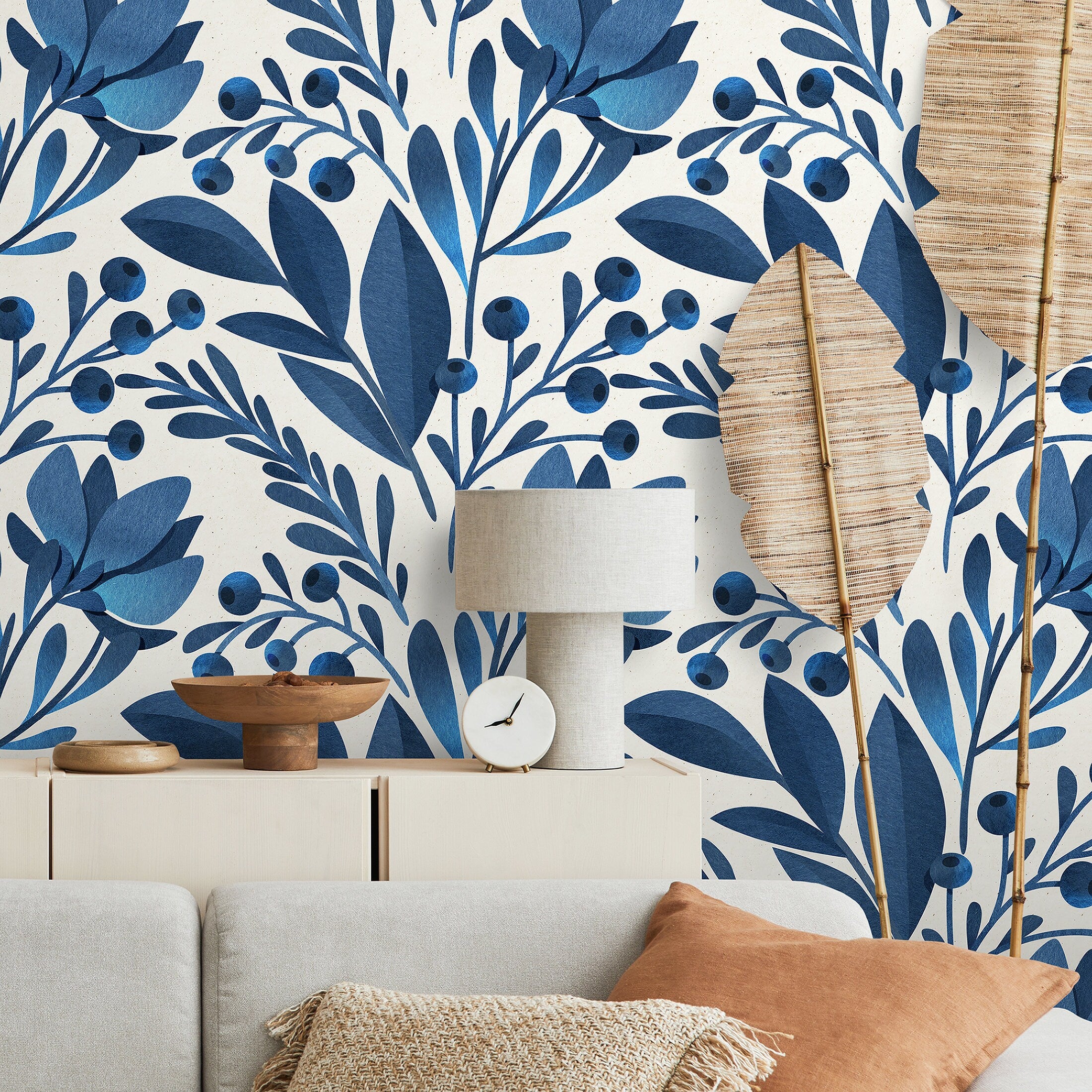 Botanical Wallpaper With Stylized Leaves And Berries In Blue - A371