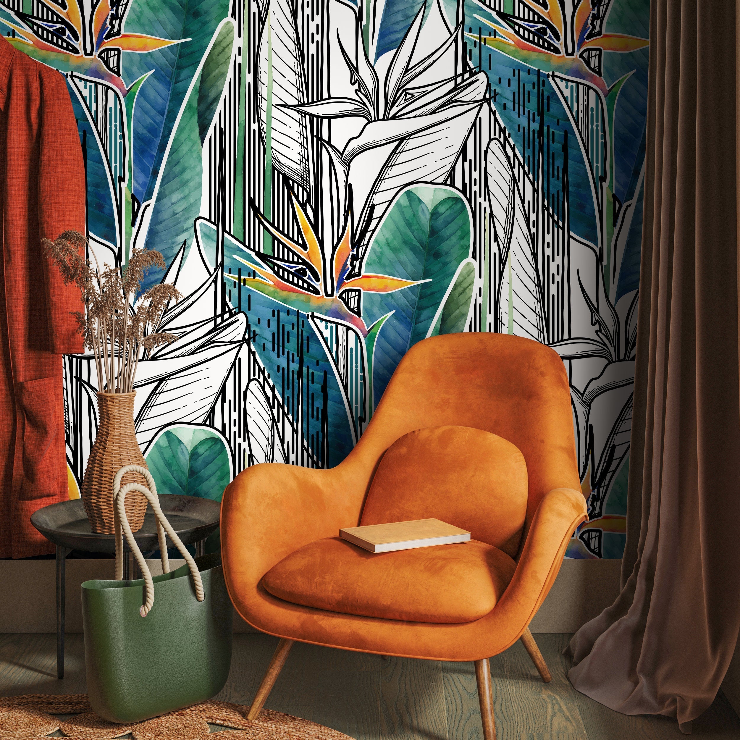 Tropical Wallpaper With Graphic Bird Of Paradise In Green, Blue, And Orange - A522