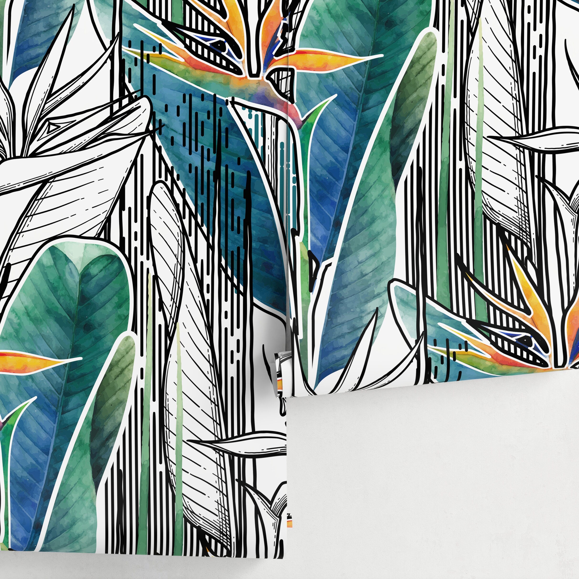 Tropical Wallpaper With Graphic Bird Of Paradise In Green, Blue, And Orange - A522