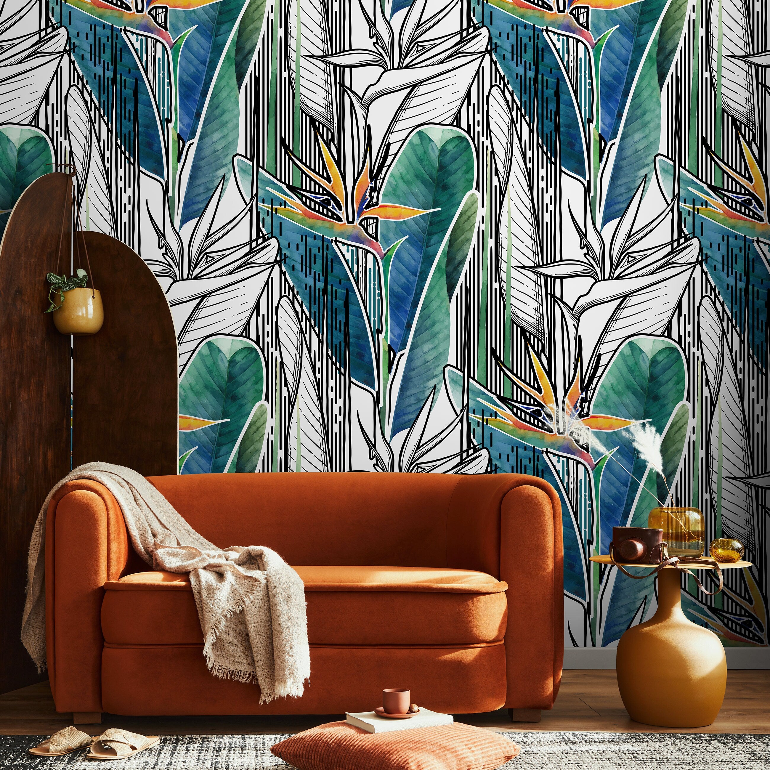 Tropical Wallpaper With Graphic Bird Of Paradise In Green, Blue, And Orange - A522