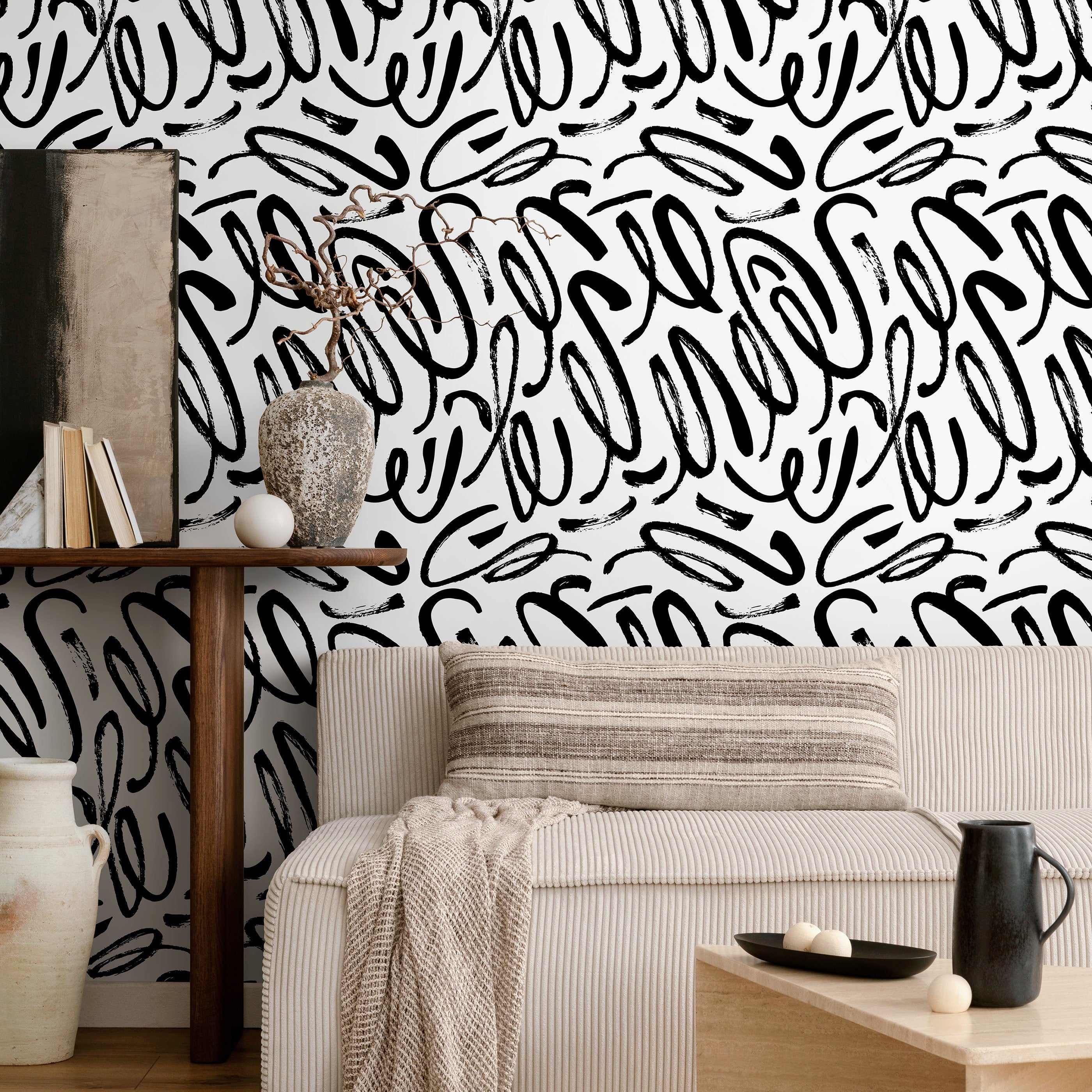 Abstract Wallpaper With Bold Brush Strokes In Black And White - A589