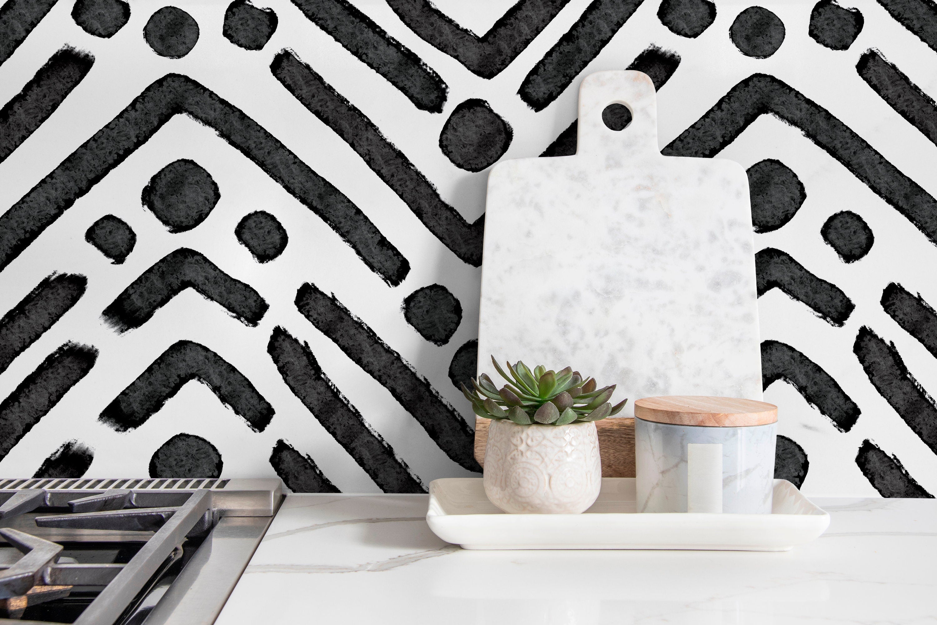 Geometric Wallpaper With A Hand-painted Chevron Motif In Black And White - X104